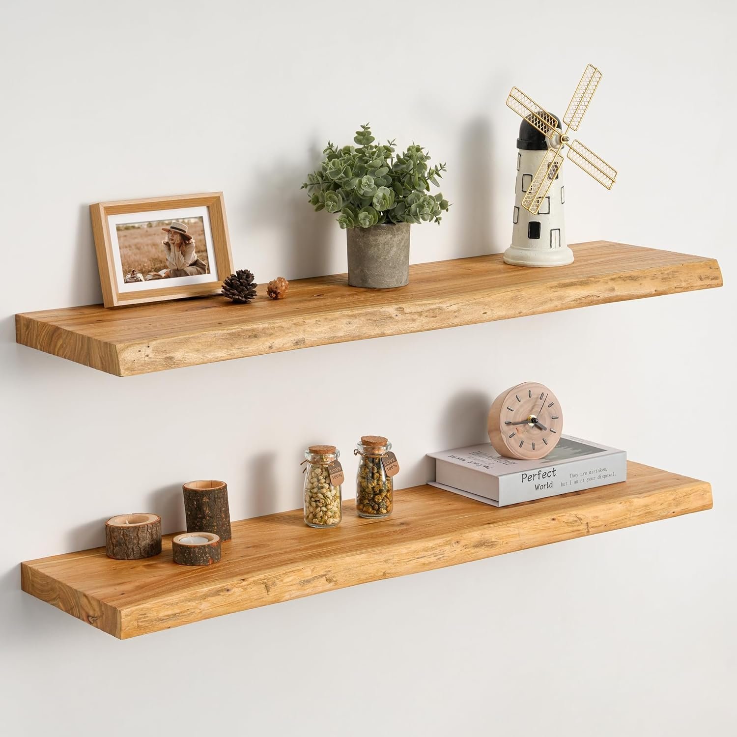 Floating Shelves Set of 2, Solid Elm Wood Wall Shelves 32 Inch – Invisible Bracket Mount for Living Room, Bedroom, Kitchen, Bathroom – Natural