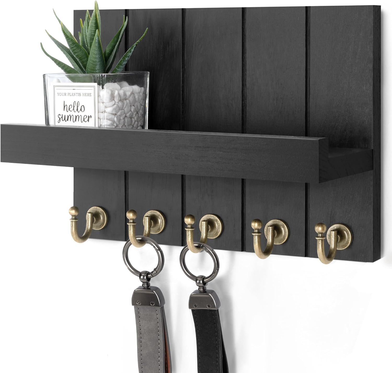 Rebee Vision Farmhouse Key Holder Wall Mount – Modern Key Holder for Living Room and Mail Organizer with Shelf & Hooks for Apartment Essentials – Home Decor Aesthetic (Black, 3.54″D x 10″W x 7.28″H)