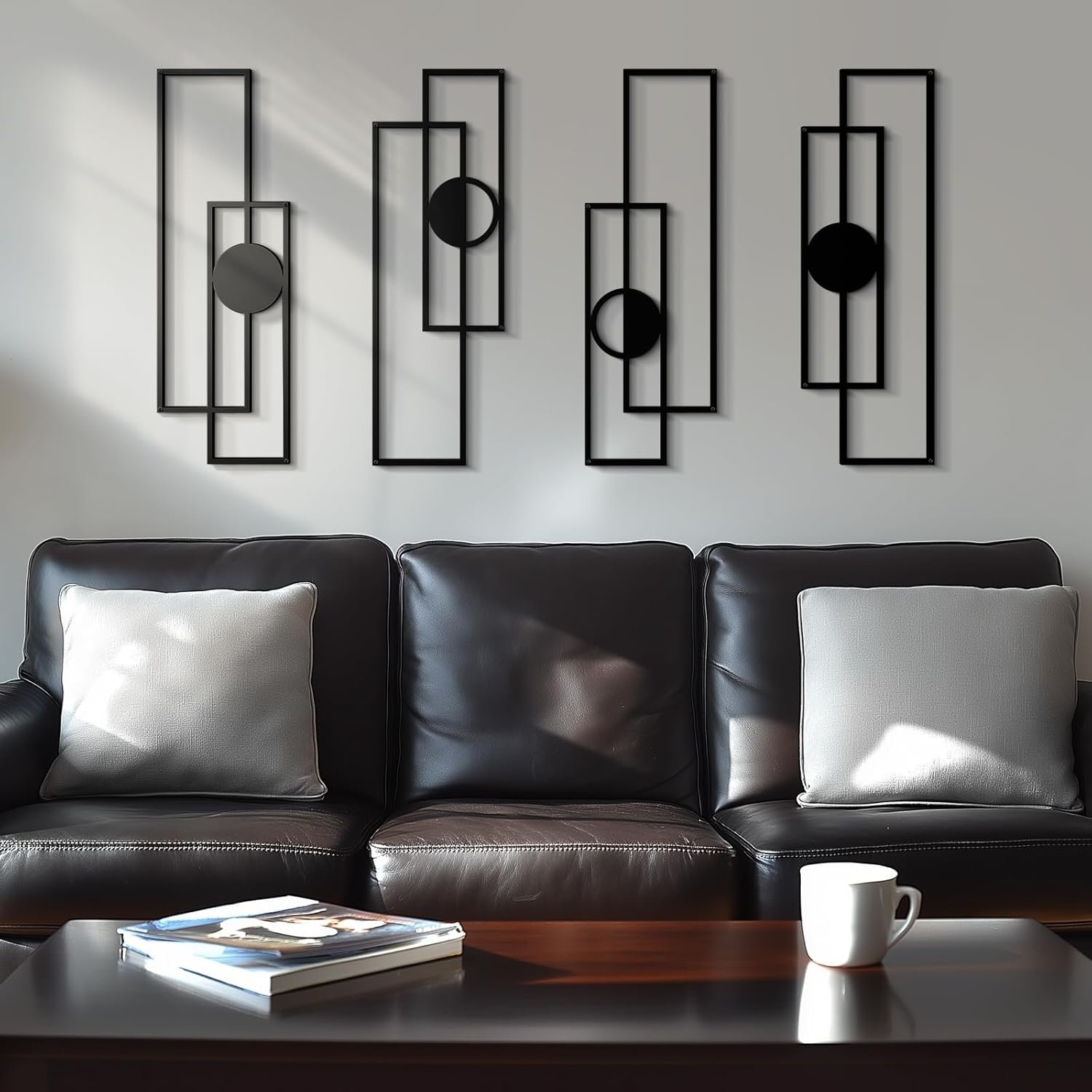 Abstract Black Metal Wall Art for Living Room, 4 Pack Large Wall Sculptures Minimalist Modern 3D Textured Geometric Metal Wall Decor for Bedroom Bathroom Kitchen Study