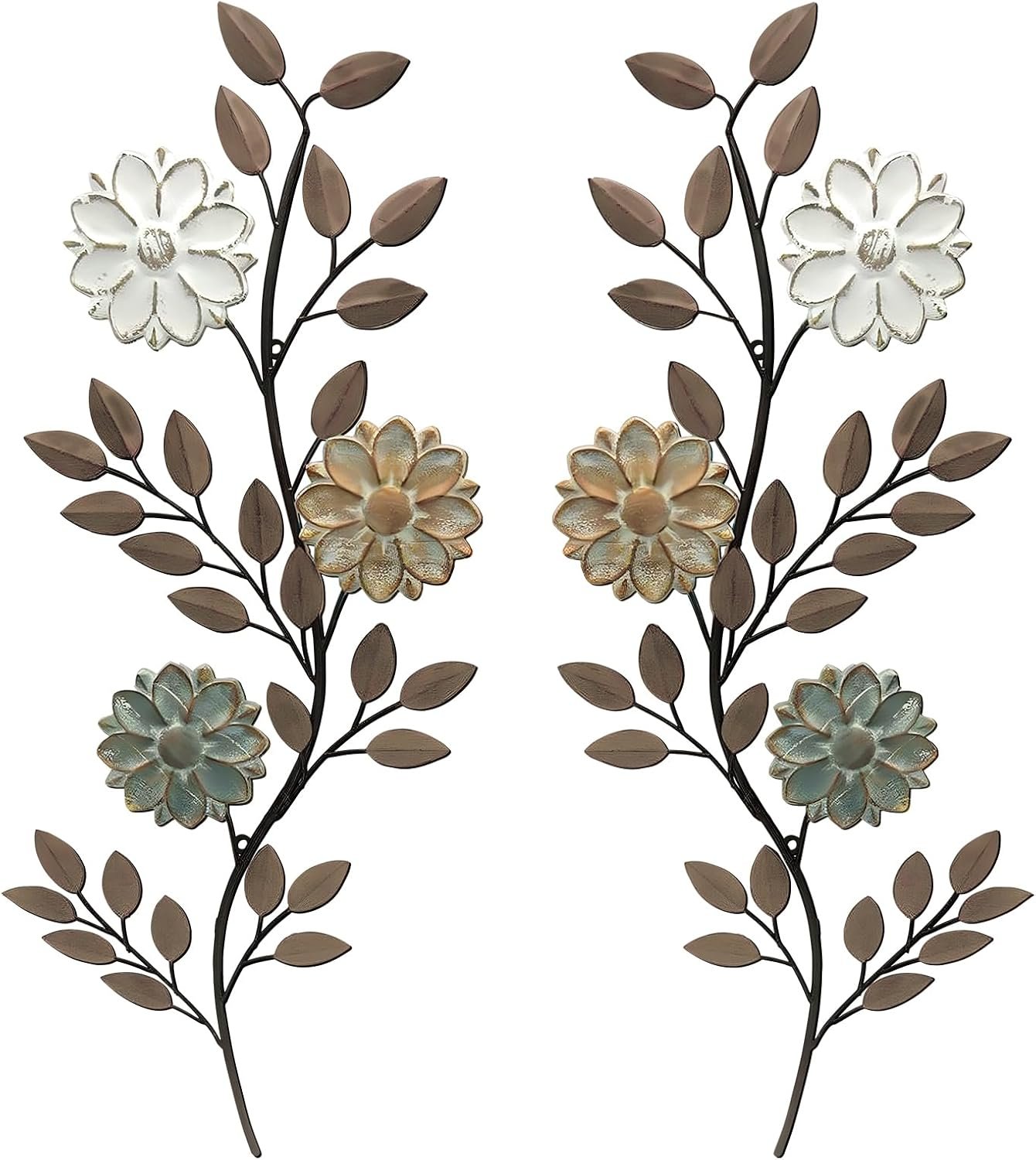 MorningRo 2 Pcs Metal Flower Leaves Wall Art Spring Wall Decor Living Room, 15.75 Inch Vintage Rustic Branch Leaf Wrought Iron Scroll Art Decor for Spring Bedroom Indoor Outdoor Decorations(Brown)