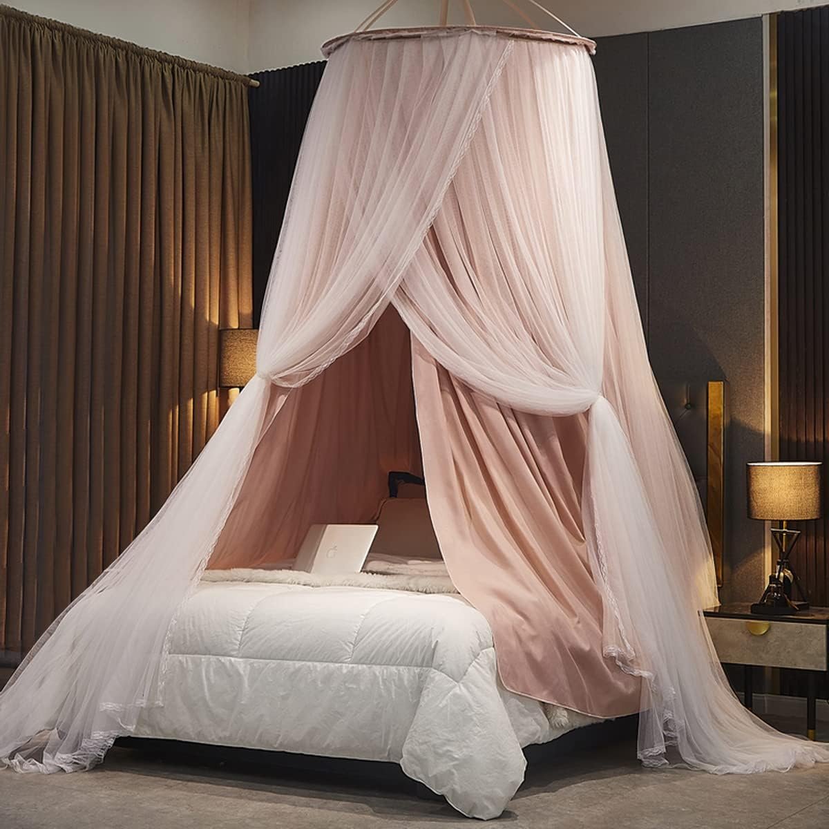 Kertnic Luxurious Bed Canopy for Girls & Adults – Double Layer Princess Canopy with Lace, Round Dome Mosquito Netting for Queen/King Bed Tent (Pink)