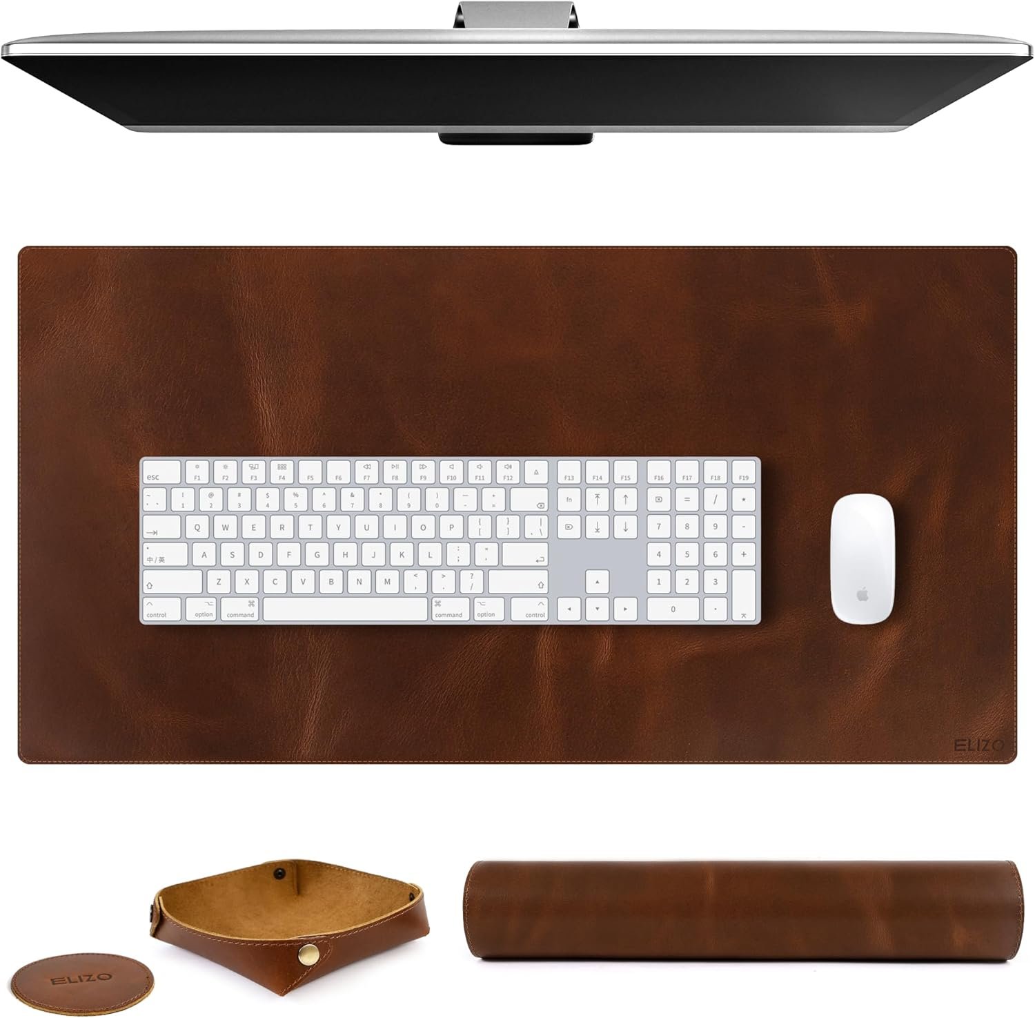Elizo Real Leather Desk Mat Set (32×16) Large Desk Cover Desk Blotter Protector Computer Gaming Mouse Pad Table Laptop Office Desktop Accessories