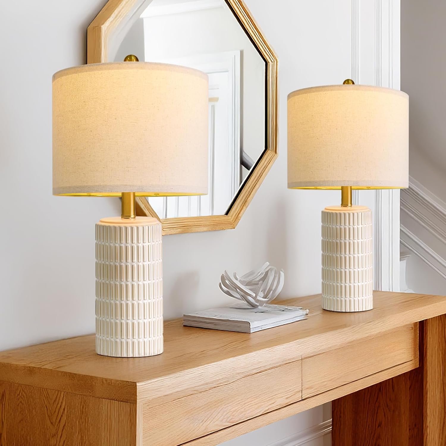 PoKat 20.75″ Small Modern Ceramic Table Lamps Set of 2 for Bedroom, White Bedside Lamps for Night Stands, Farmhouse Desk Decor Gift Nightstand Table Lamps for Living Room End Table Beige