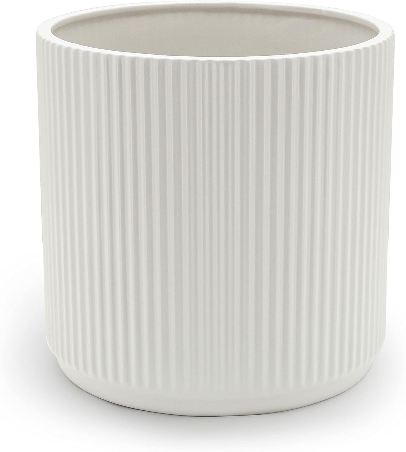 Amazon Basics Fluted Ceramic Round Planter with Drainage Hole, 8-inch, White, Indoor Outdoor, Modern Decorative for Indoor Plants