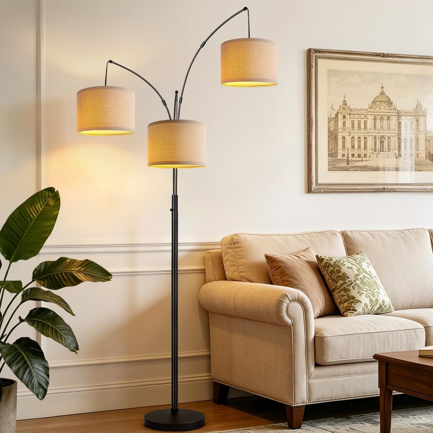 Dimmable 3 Lights Floor Lamp – 3000LM Super Bright Arc Floor Lamps for Living Room, Modern Tall Standing Lamp With Beige Shades, Mid Century Tree Floor Lamp for Bedroom Office, 3 LED Bulbs Included