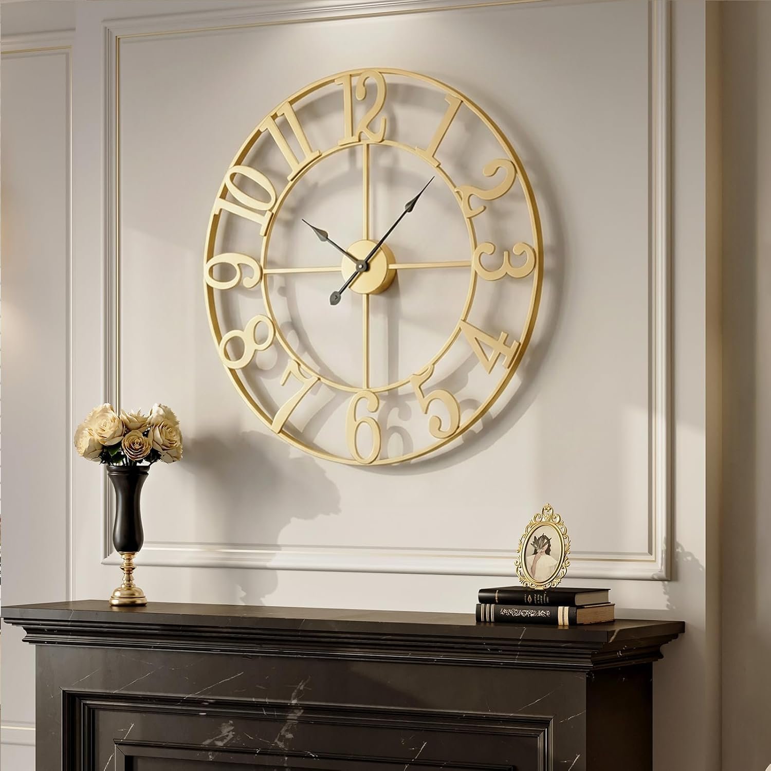 Cuspin Large Wall Clock for Living Room Decor, 30 Inch Gold Wall Clock Battery-Operated Silent Non Ticking, Modern Gold Decorative Metal Clock with Arabic Numerals
