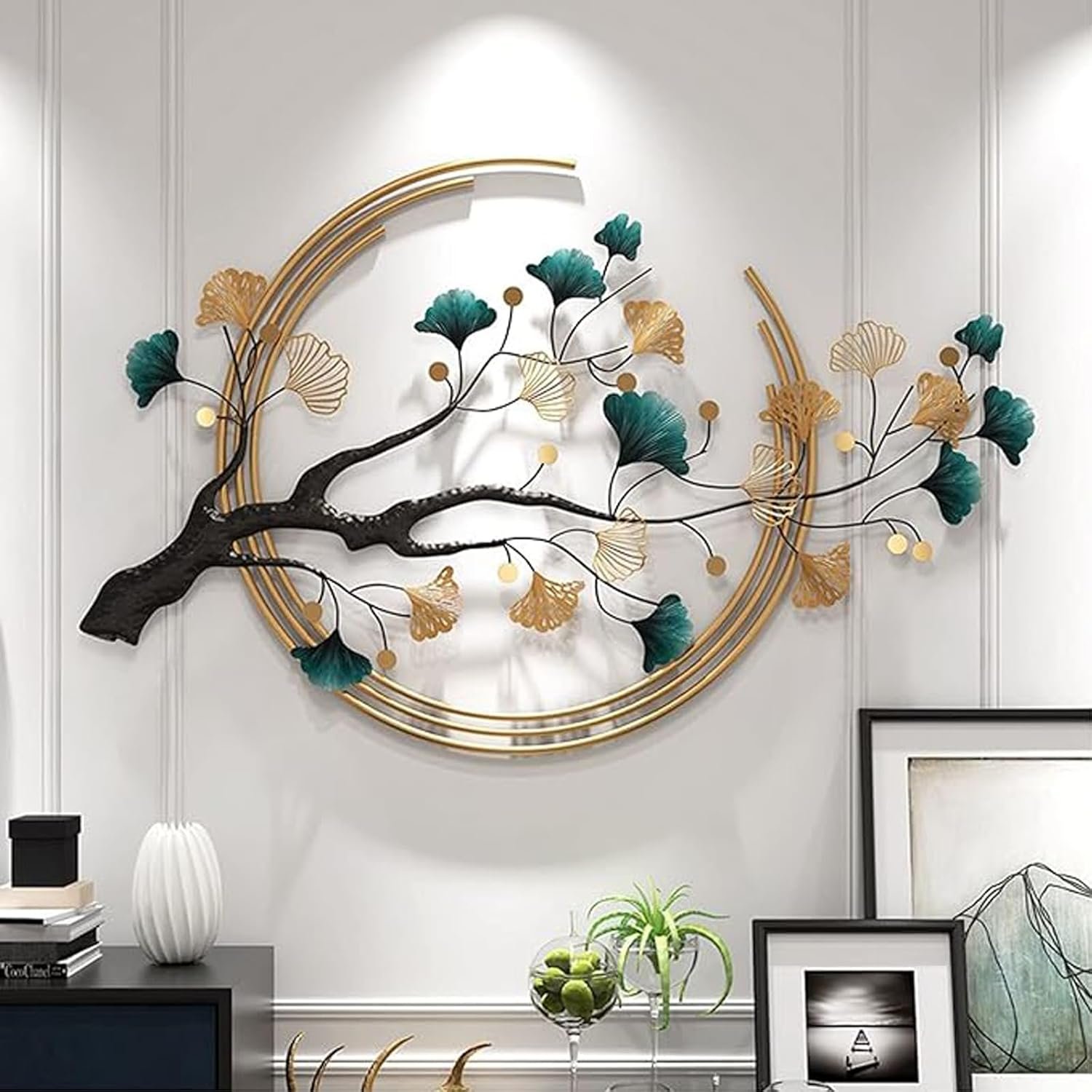 Futyli Large Metal Art Wall Decor – 3D Ginkgo Leaf Wall Art, 36.6″ Vertical, Unique Gold for Bedroom & Dining Room Decoration