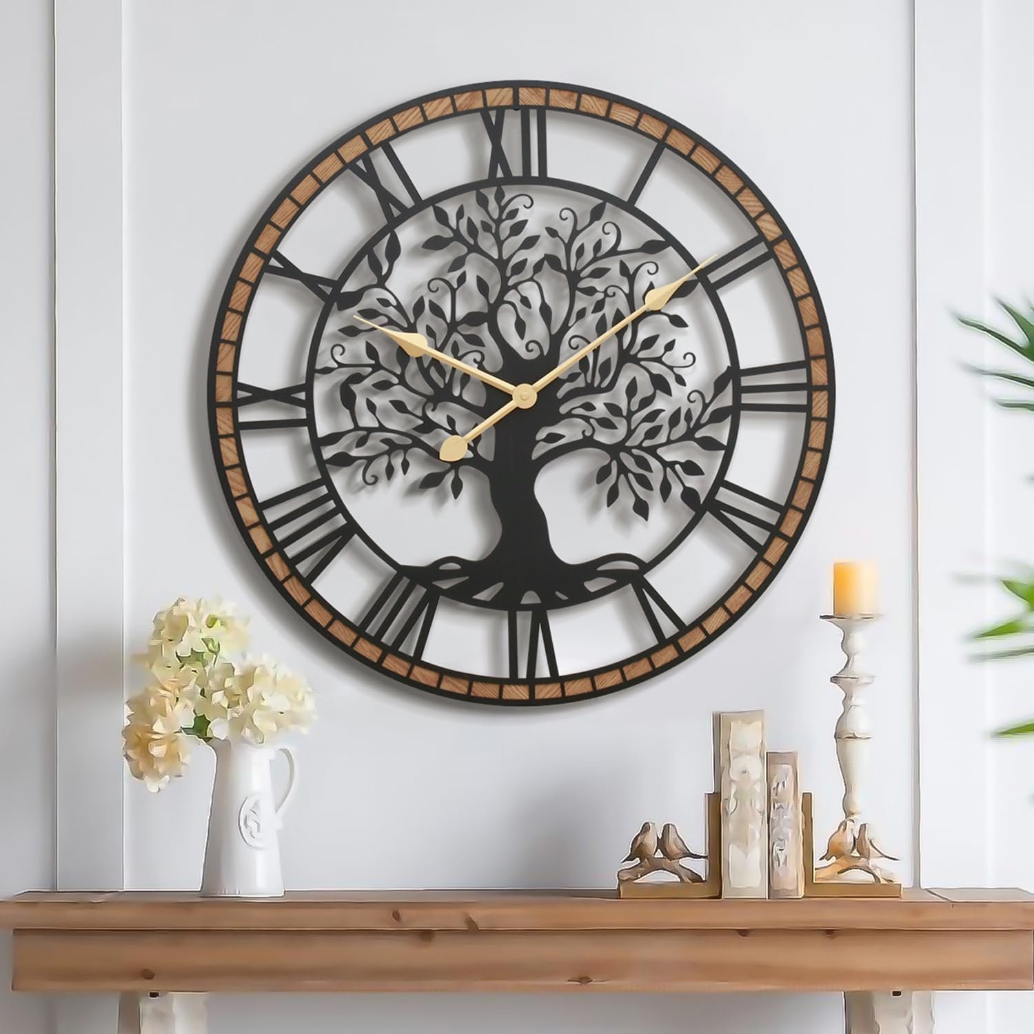 Micasso Farmhouse Large Wall Clock: 24Inch Rustic Tree of Life Metal with Wood Frame – Vintage Battery Operated Wall Clocks for Living Room/Office/Bedroom – Home Decor for Fashion-Conscious