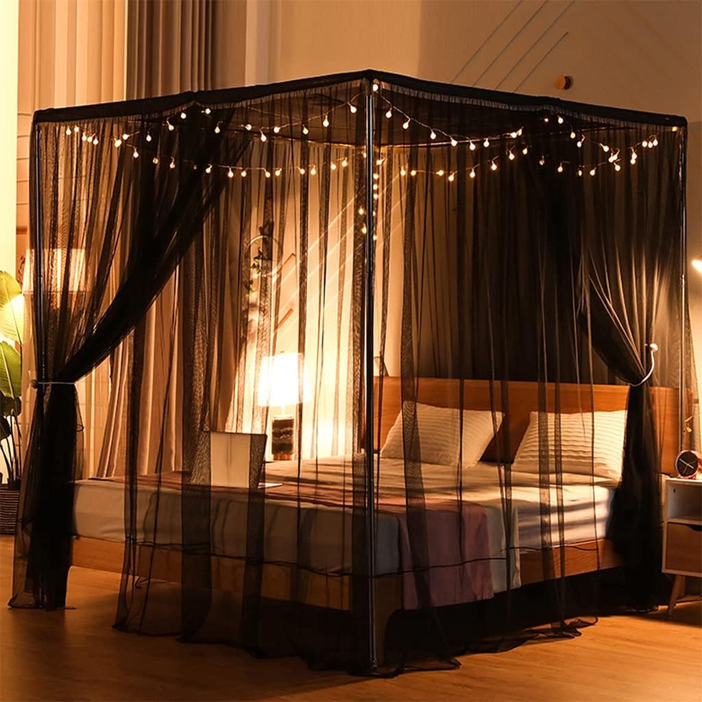 Elegant Luxury 4 Corner Post Mosquito Net with Dustproof Top Cover for Adult Teen Girls Toddlers Girls Crib Bed Bedroom Decoration; Bed Canopy for Twin/Full/Queen/King Size Bed (Black, Queen)