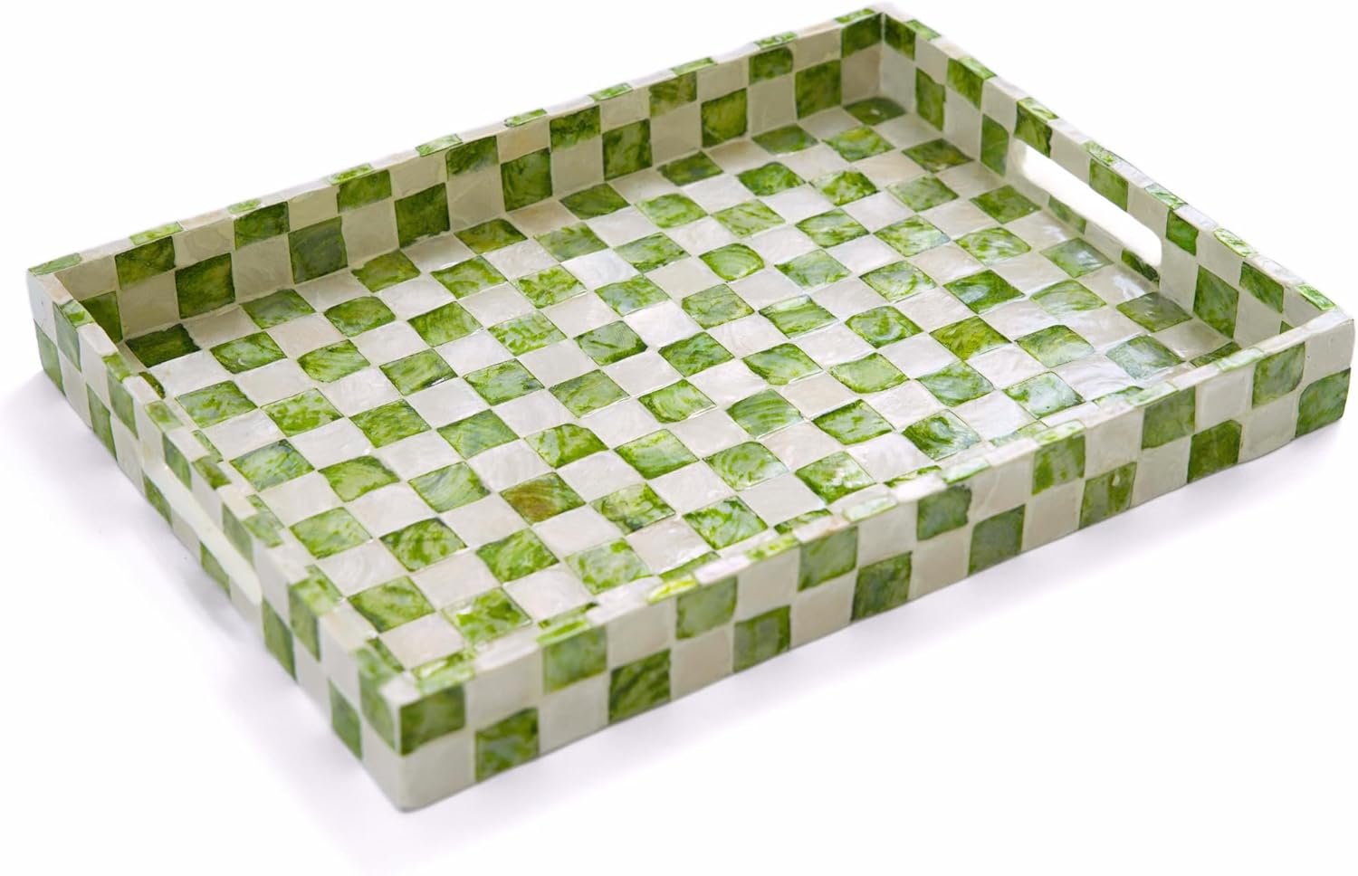 CHI AN HOME 15.8″ x 11.8″ Decorative Rectangular Tray with Natural Capiz Shells, Checkered Tray with Handles, Serving Tray for Ottoman, Coffee Table, Kitchen Counter Home Decor (Pistachio Green)