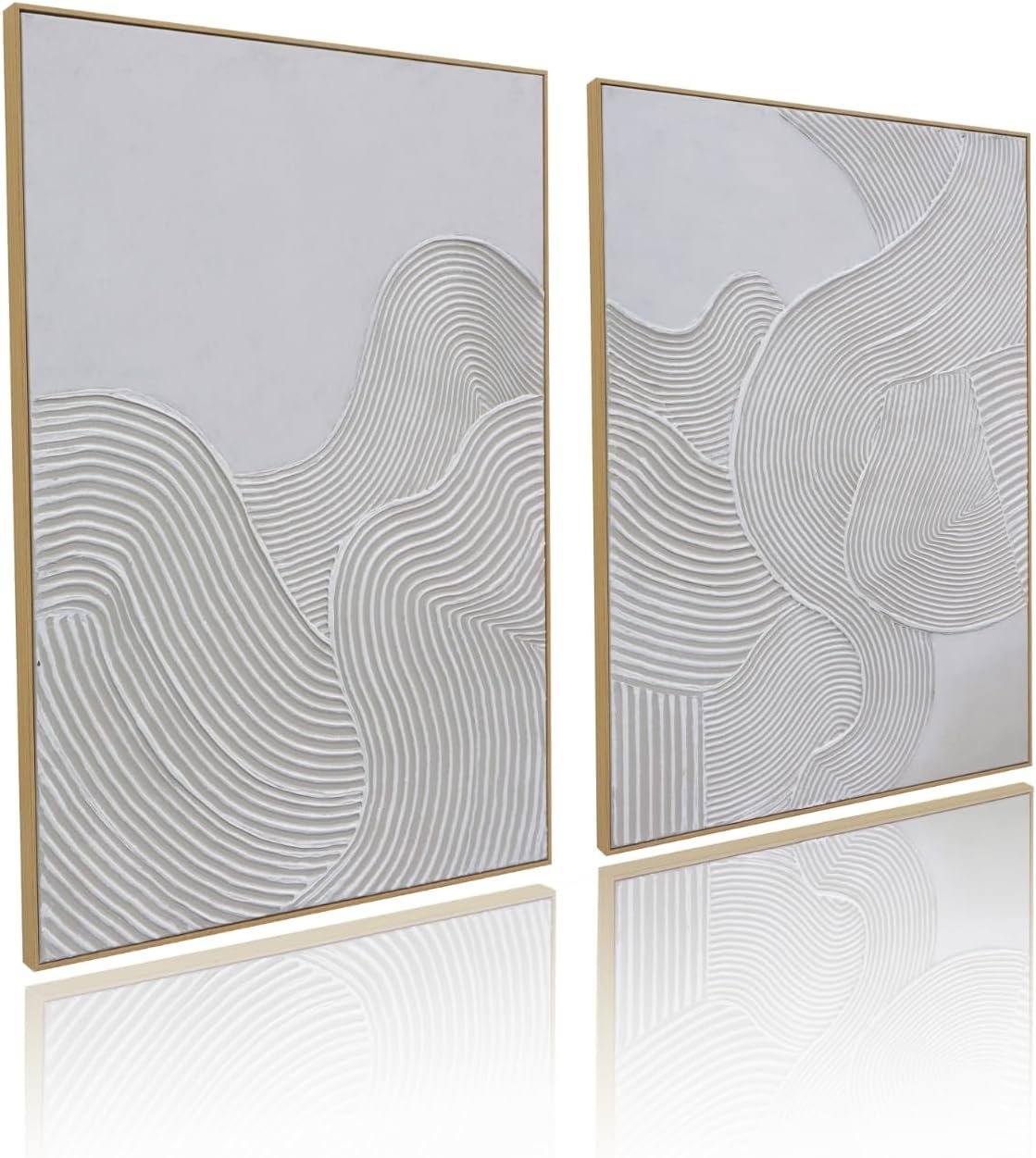 Framed Neutral Abstract Wall-Art Painting – Large Abstract Canvas Wall Decor 3D Curve Illustrations Hand painting for Living Room, Bedroom, Office – 2 Piece 28 x 40 Inch, Ready to Hang