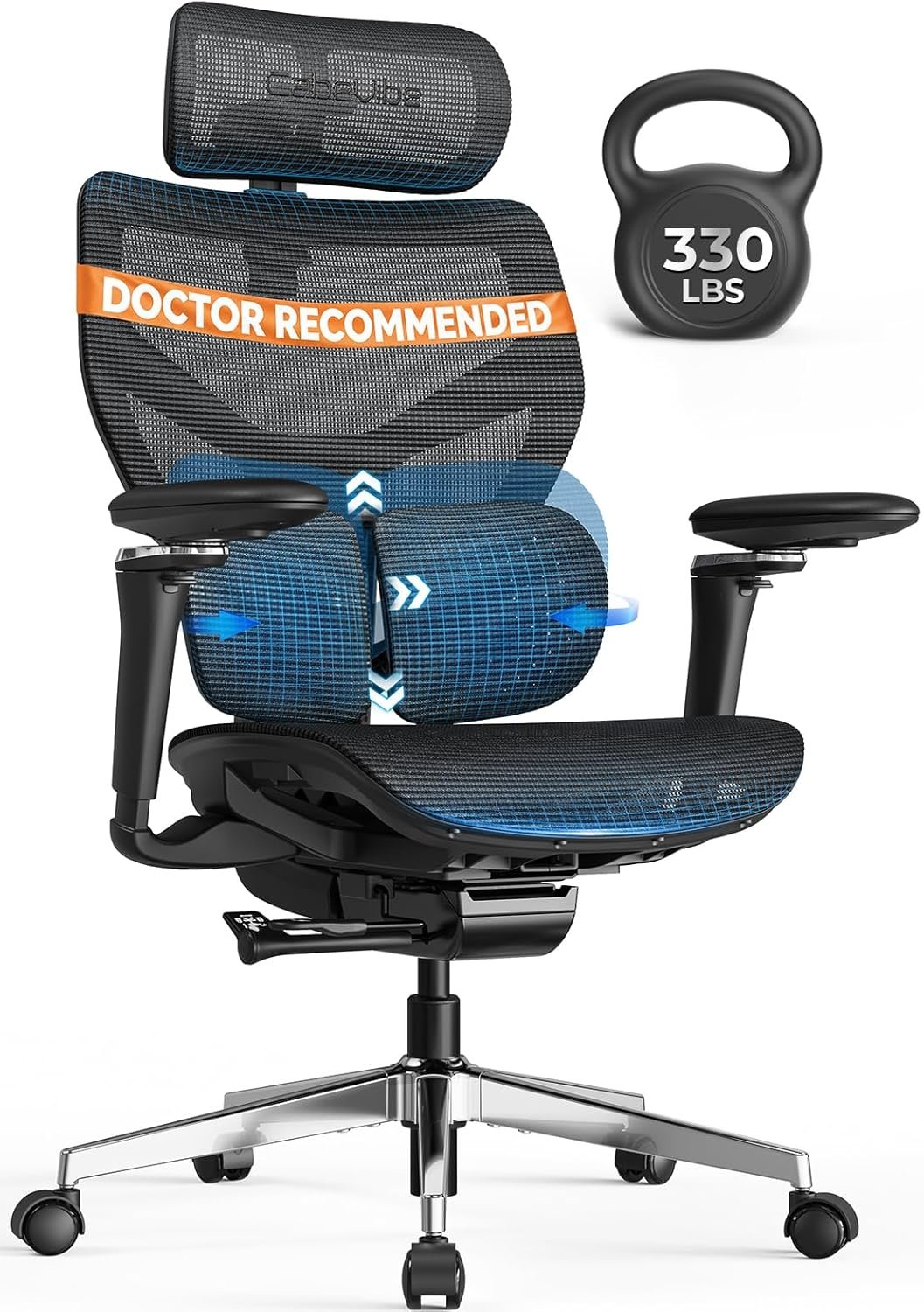 Ergonomic Office Chair with Lumbar Support – Over 10 Hours Sitting Comfortable, Mesh Big and Tall Home Computer Desk Chairs, 4D Headrest, 630° Armrst, Seat Depth Adjustable, 330 LBS