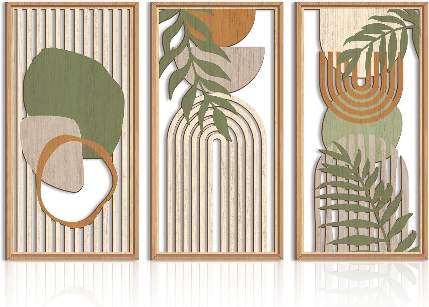 IARTTOP Large Boho Mid-century Modern Wood Wall Art 16×32 Inch Framed Green Abstract Leaf Wooden Wall Decor Bohemian Minimalist Geometric Wall Art Decor for Bedroom Living Room Office Set of 3
