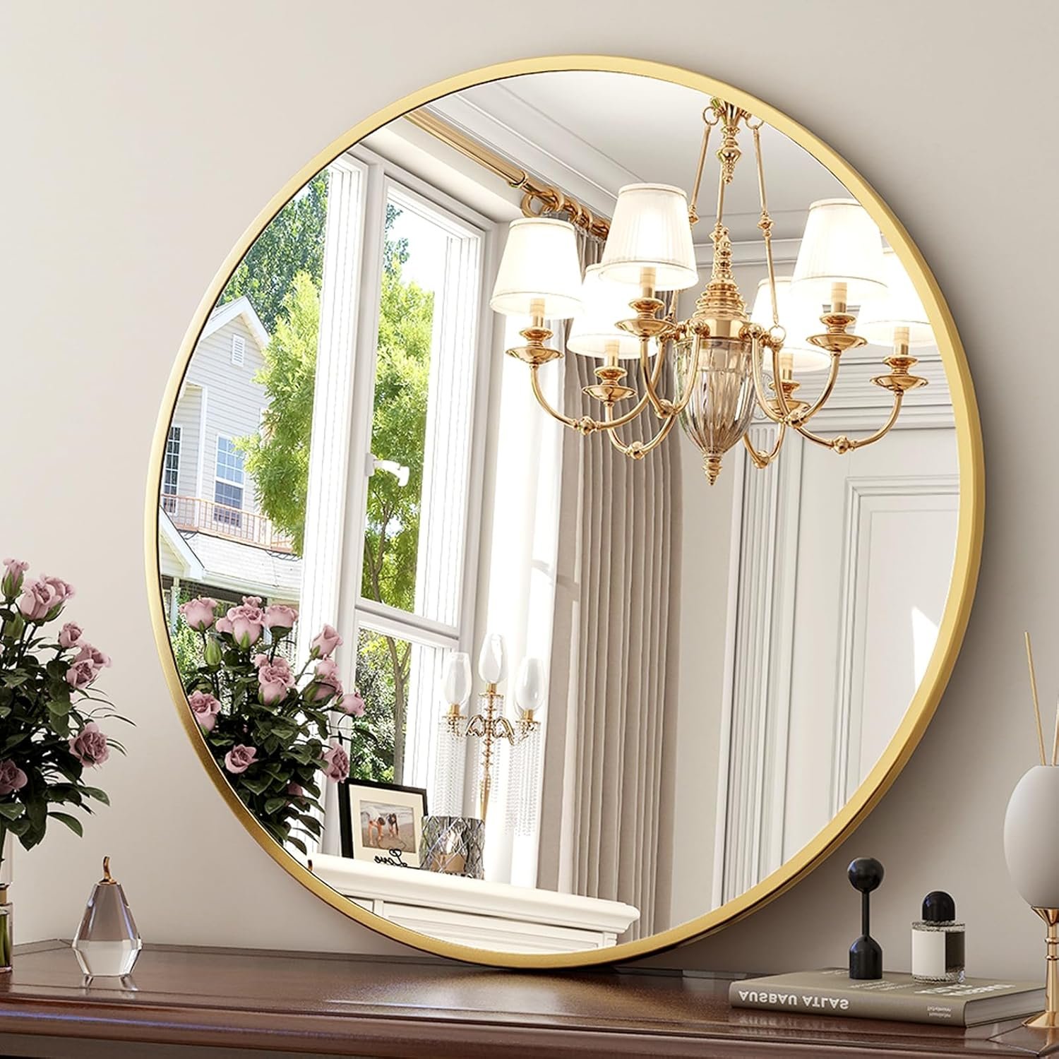XRAMFY 30 Inch Round Mirror – Circle Mirrors for Bathroom, Entryway and Living Room Wall Decor, Modern Hanging Vanity Mirror, Matte Gold Circle Decorative Wall Mirror
