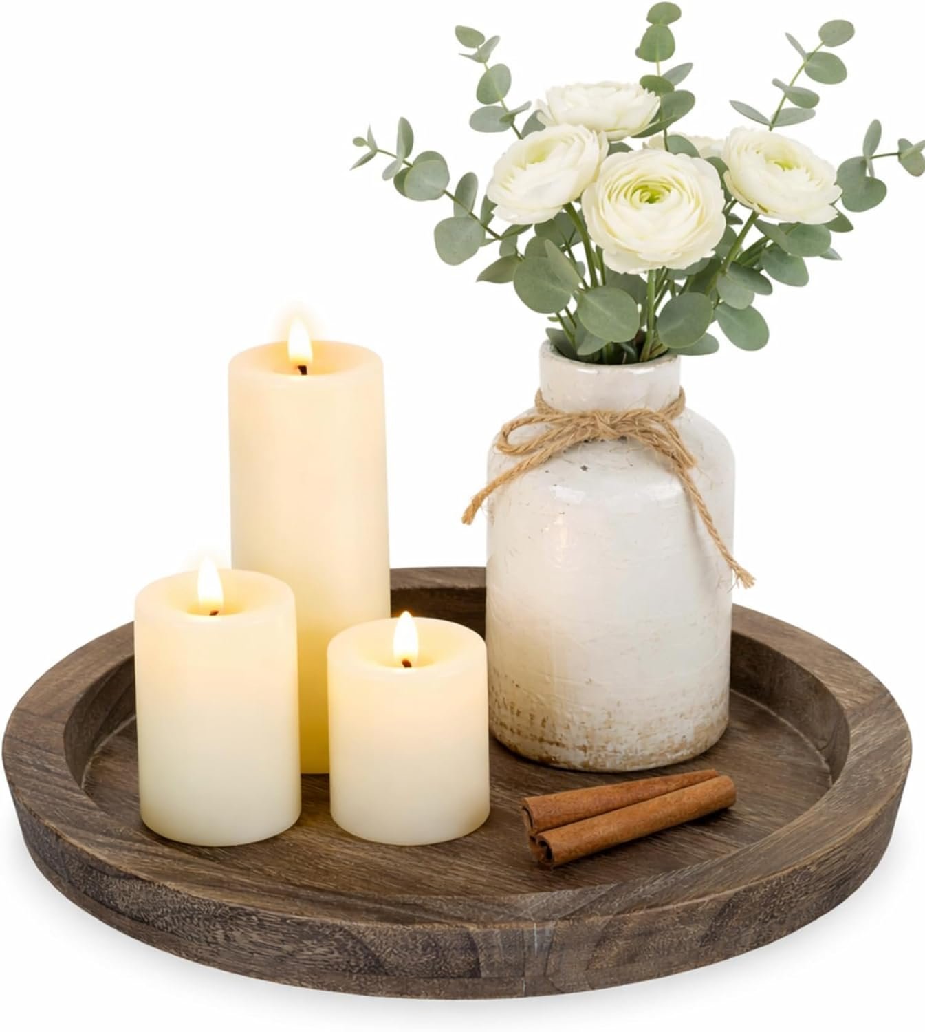 Hanobe Candle Plate Holder Tray: Round Wood Decorative Candle Plate – Rustic Farmhouse CoffeeTable Decor – Tealight Pillar Trays for Home Decor (Distressed)