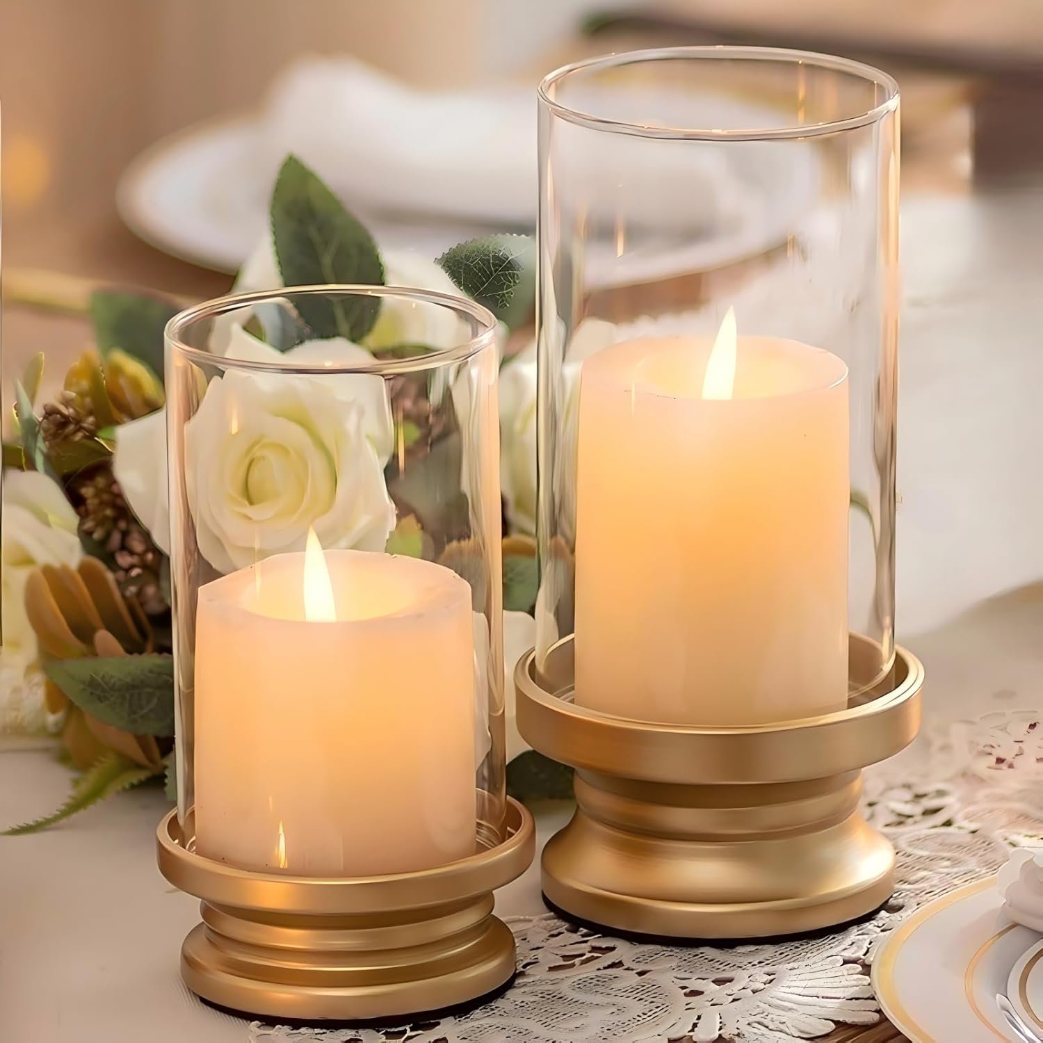 NUPTIO Hurricane Candle Holder Gold: Pillar Candle Holders with Clear Glass Sleeve – Set of 2 Decorative Brass Metal Pillars Stand for Dining Table Centerpiece Shelf Fireplace Mantel Decor