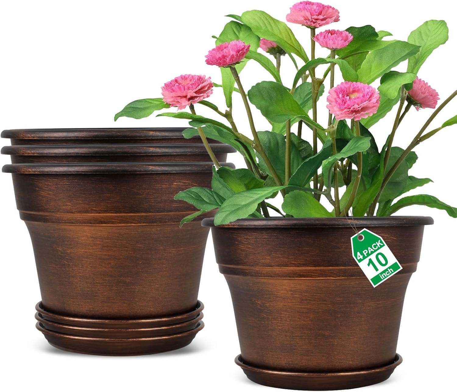 Fodetyff 10 Inch Planters Plant Pots Indoor Outdoor, 4 Pack Plastic Flower Pot for Indoor Plants with Drainage Holes & Trays, Resin Decorative Container Sets with Saucer for House Garden Copper