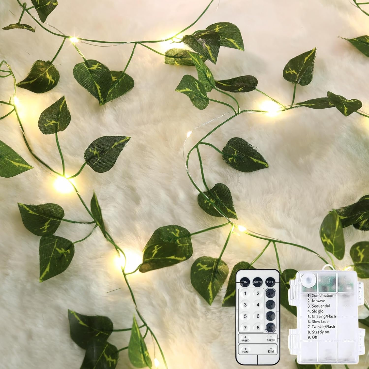 Extra Length 40ft 120 LED Vine with Fairy Lights Pothos String Lights USB Plugin & Battery Operated Leaf Lights with Timer 8 Modes Remote Decorative Light for Bedroom Graduation Party – Warm White