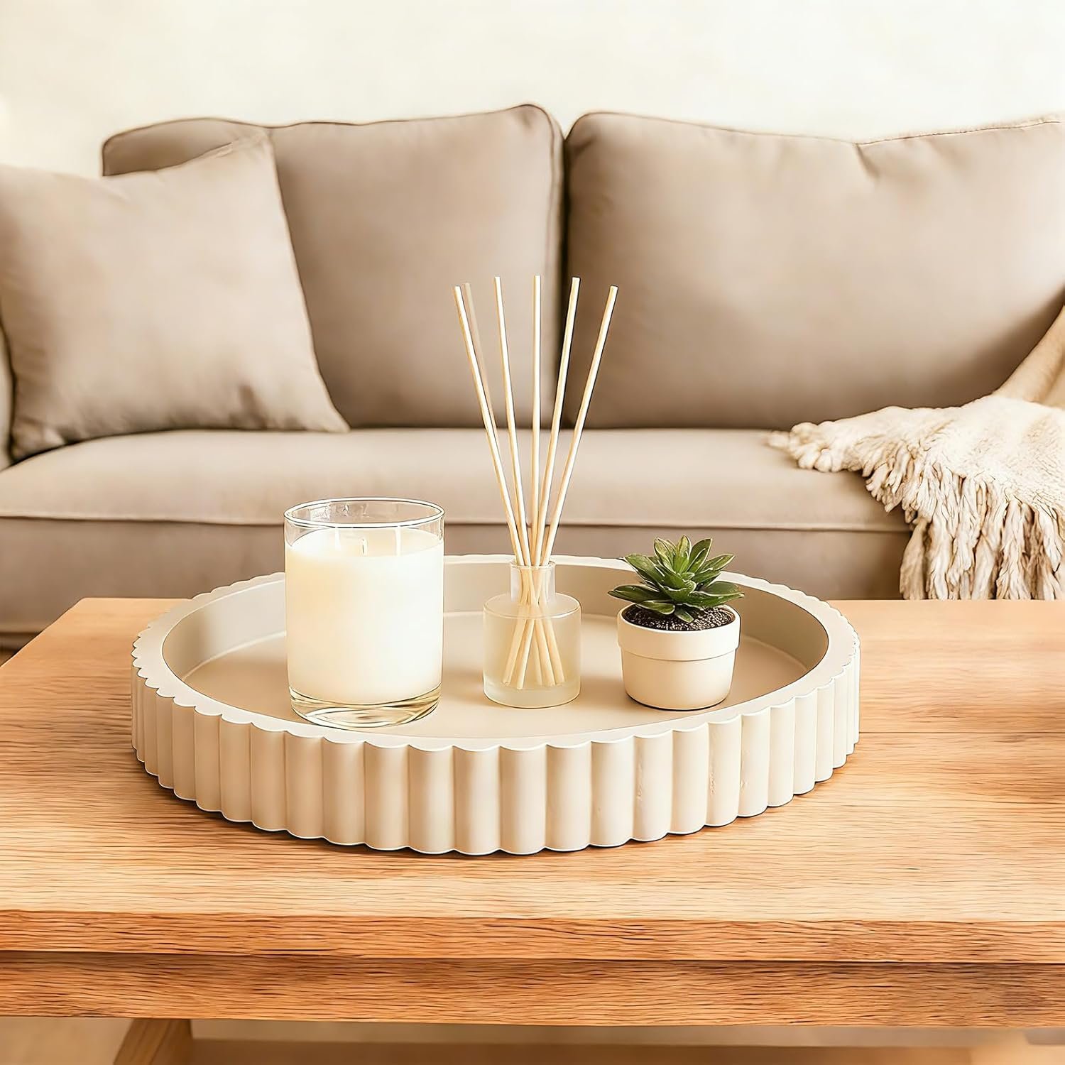 Round Decorative Tray for Coffee Table Decor – Resin Modern Table Centerpieces Decorative Trays for Kitchen, Dining, Living Room, Home Decor Housewarming Gift – Gray