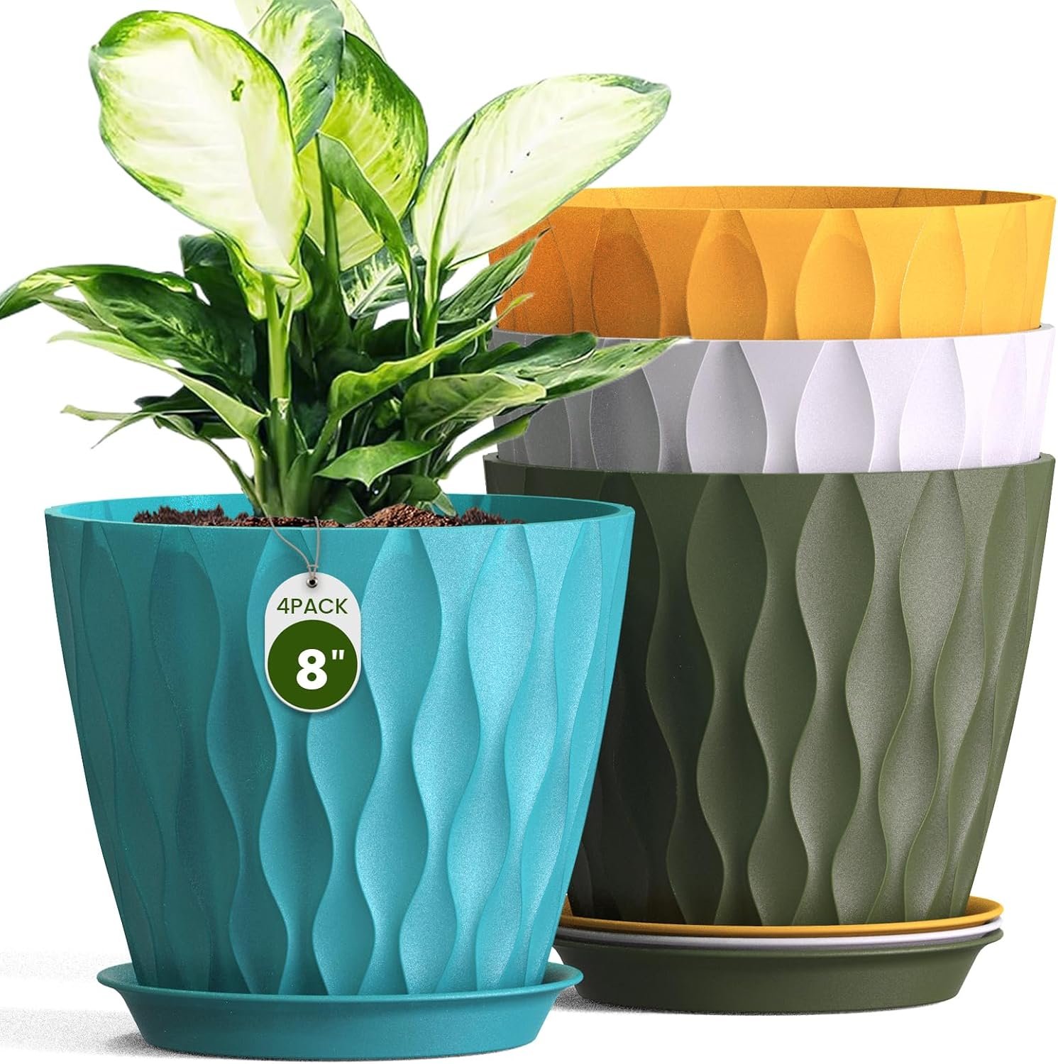 8 Inch Wave Plant Pots with Drainage Holes & Saucers, 4 Pack Modern Textured Medium Planters for Indoor Outdoor Plants, Decorative Flower Pots Repotting Set for Flowers, Herbs (Multicolor)