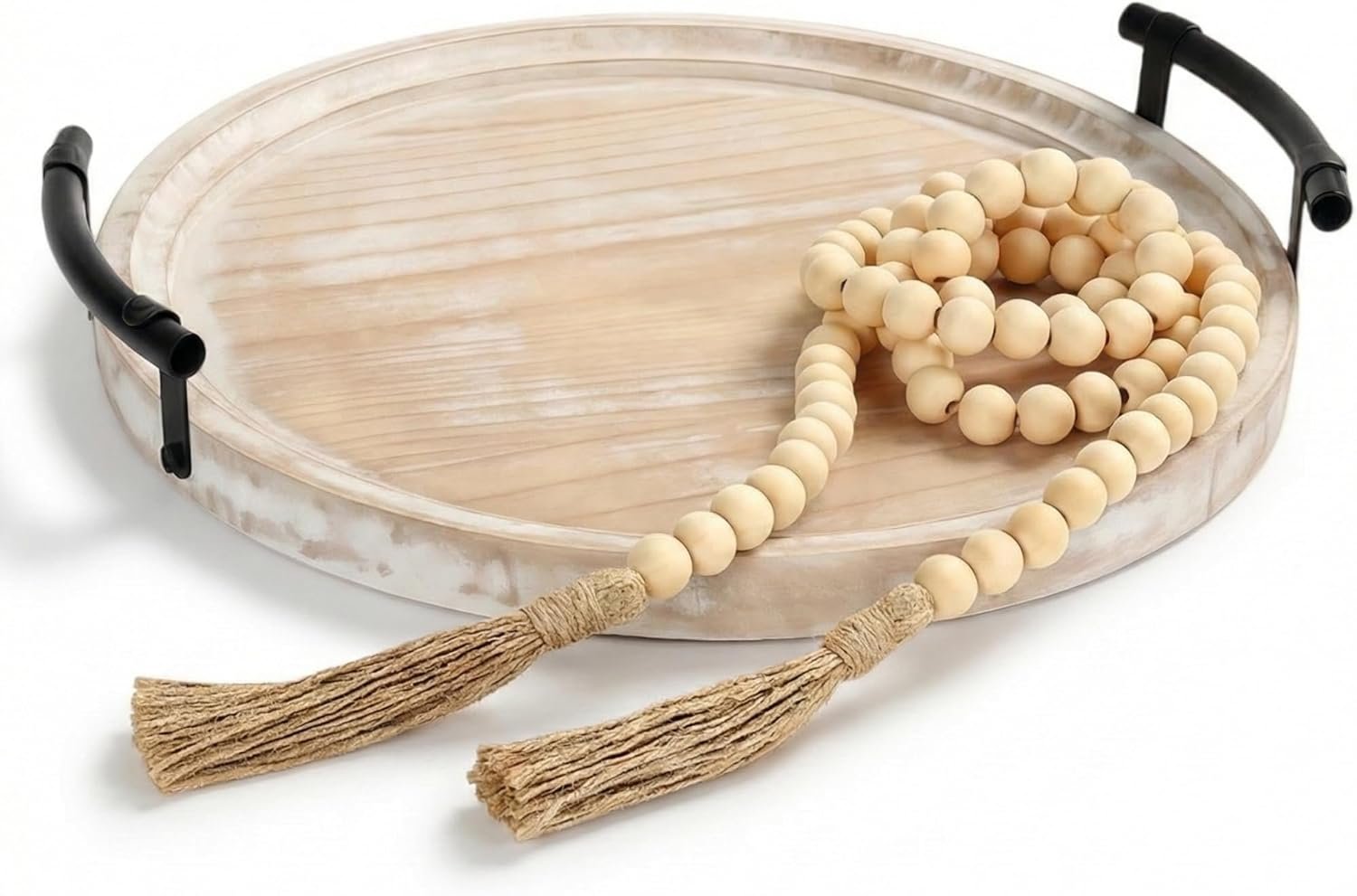 13″ Round Decorative Wood Tray with Handles, Whitewashed Farmhouse Coffee Table Decor for Living Room, Entryway & Kitchen Island, Includes Bead Garland, Giftable Home Decor
