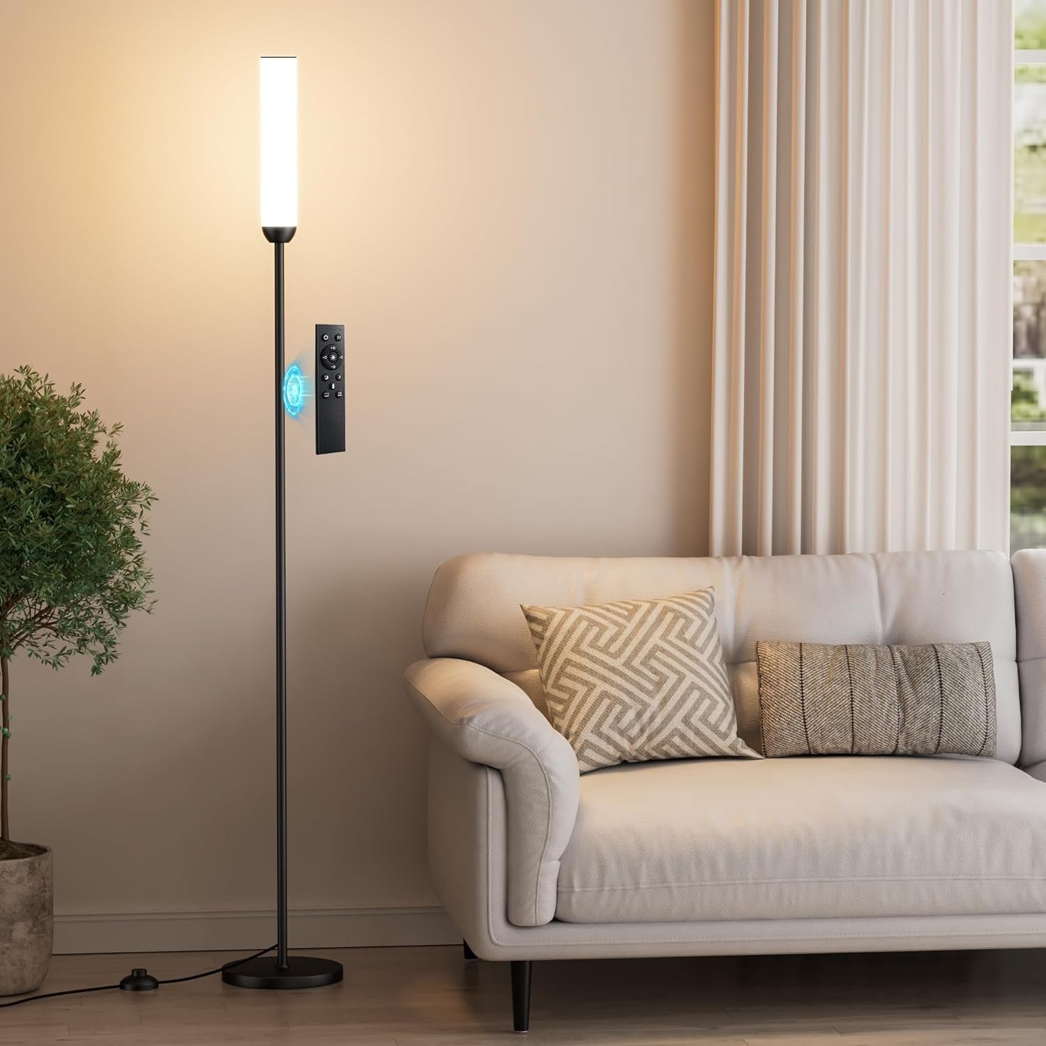 Ambimall LED Floor Lamp with Remote Control, 65″ Standing lamp with Stepless Adjustable 3000K-6500K Colors & 30-100% Brightness, Foot Switch(Black)