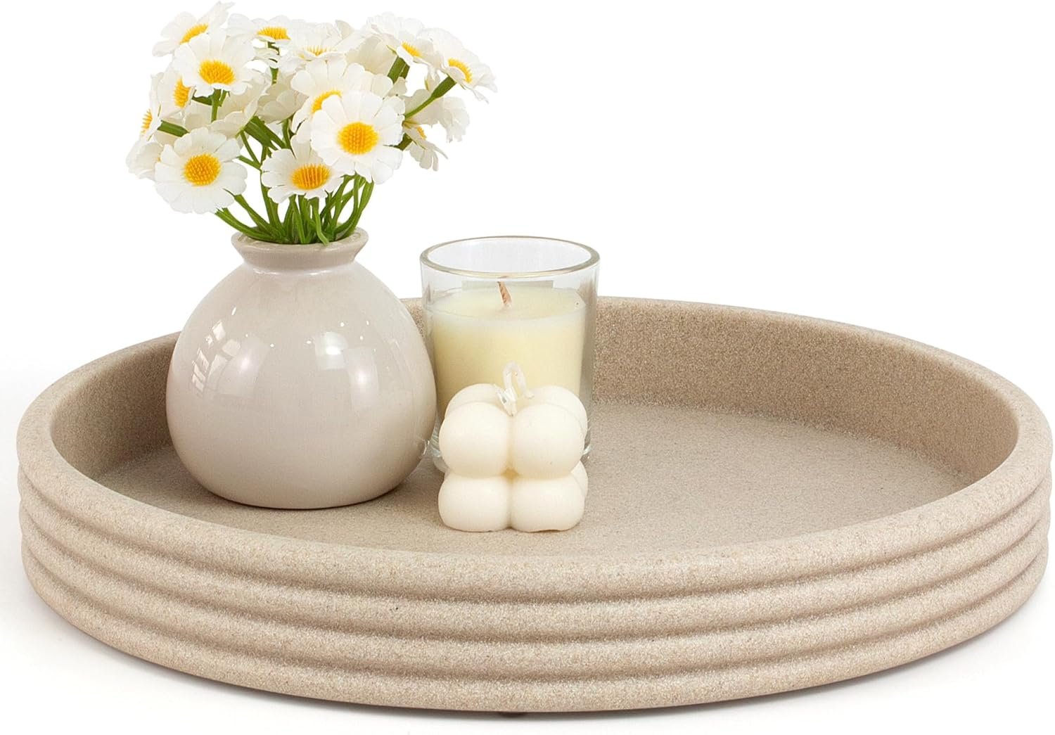 YMXYJM Round Decorative Tray – Modern Coffee Table Tray Decor, Resin Home Decor for Living Room & Bedroom. Multi-Functional Coffee Table Centerpiece with Anti-Slip Pads – 11×1.5 Inch Key Trays – Beige