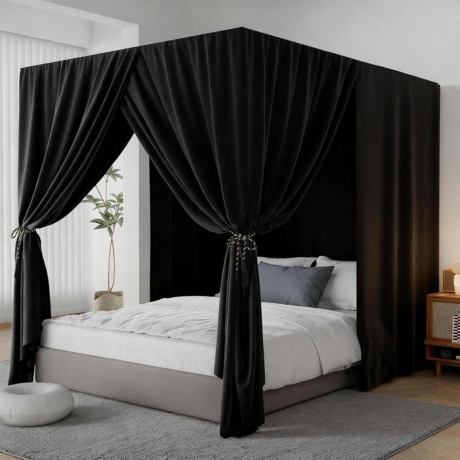 Black Canopy Bed Curtains – 4 Corner Post Bed Curtains Queen Lightproof Siamesed Drapes Bed Canopy for Adults & Girls Bedroom Decoration(Black,Queen)