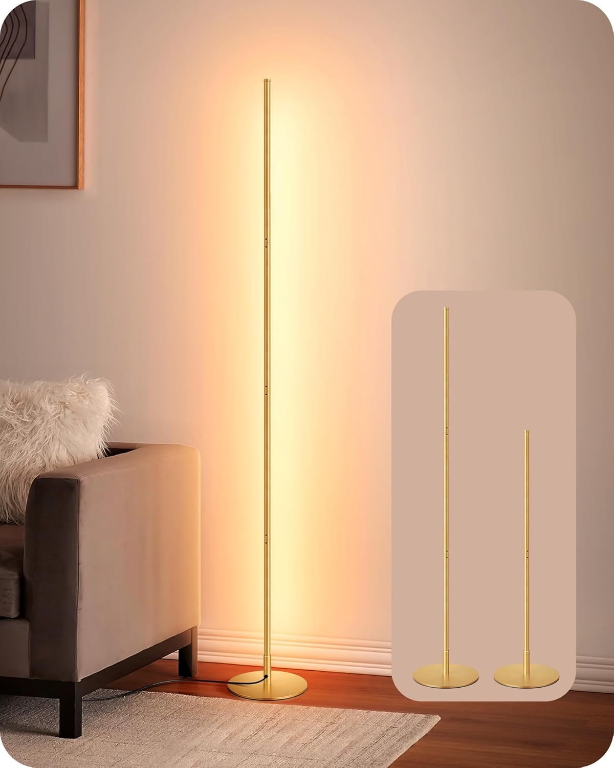 EDISHINE LED Corner Floor Lamp, Modern Slim Dimmable Light, Adjustable Height, 57.5″ Minimalist Tall Lamp for Living Room, Bedroom, Office, 3000K Warm White Light (Gold)