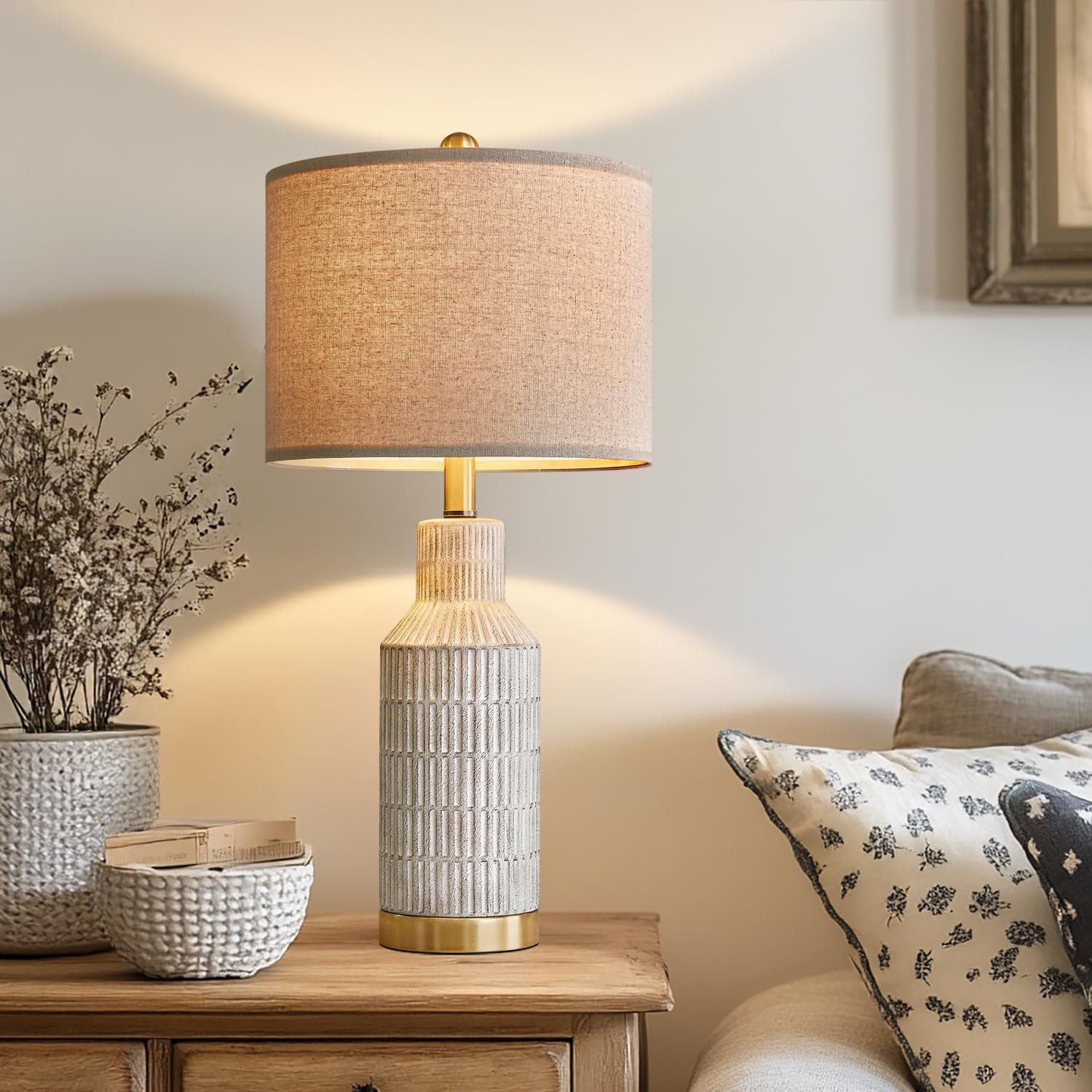 USumkky 25″ Modern Ceramic Lamps Single Table Lamp for Living Room Bedroom Farmhouse Nightstand Bedside Lamps