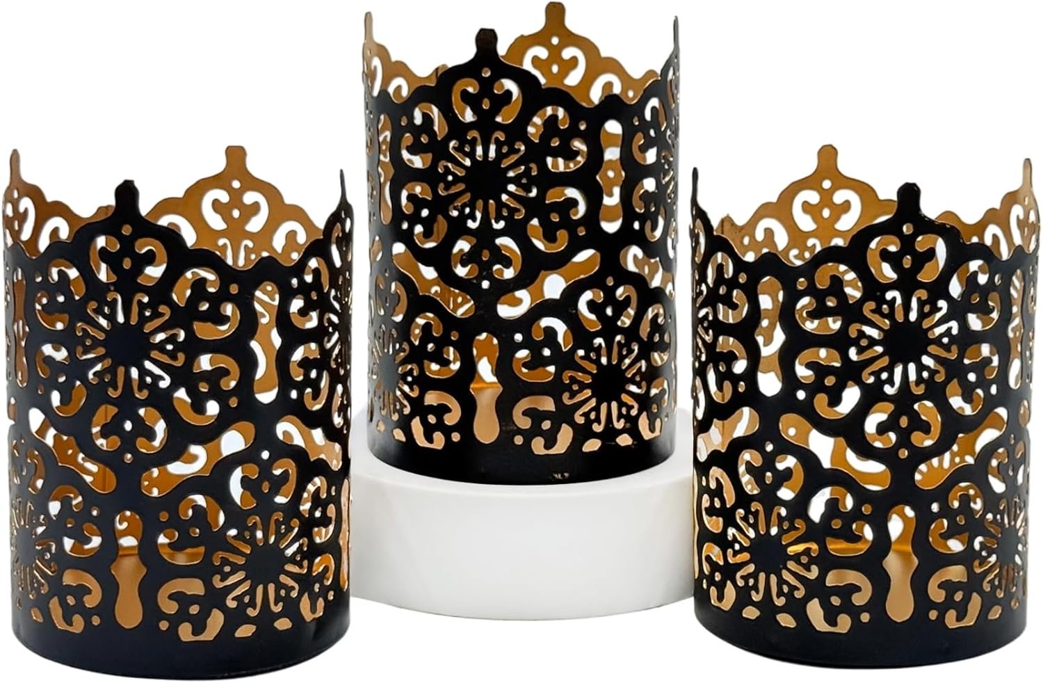 Hosley Set of 3 Black Finish Metal Candle Holders 4 Inch High Lattice Cut Lanterns for Coordinated Elegance and Enchanting Illumination Elevate Your Decor
