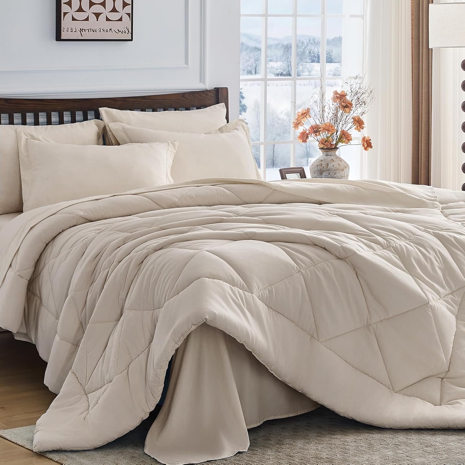 HEVUMYI Beige Tan Queen Comforter Set – 7-Piece All Season Bed in a Bag Queen, Ultra Soft Bedding Set with Comforter, Flat Sheet, Fitted Sheet, Pillowcases, Pillow Shams, Beige Tan