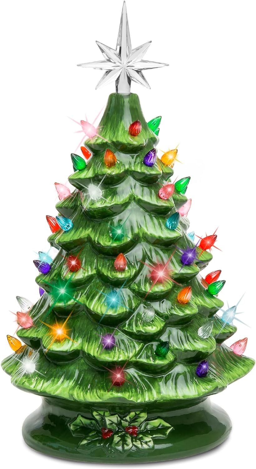 Best Choice Products 15in Ceramic Christmas Tree, Pre-lit Hand-Painted Tabletop Holiday Tree, Star Topper, 64 Lights – Green w/Multicolored Bulbs