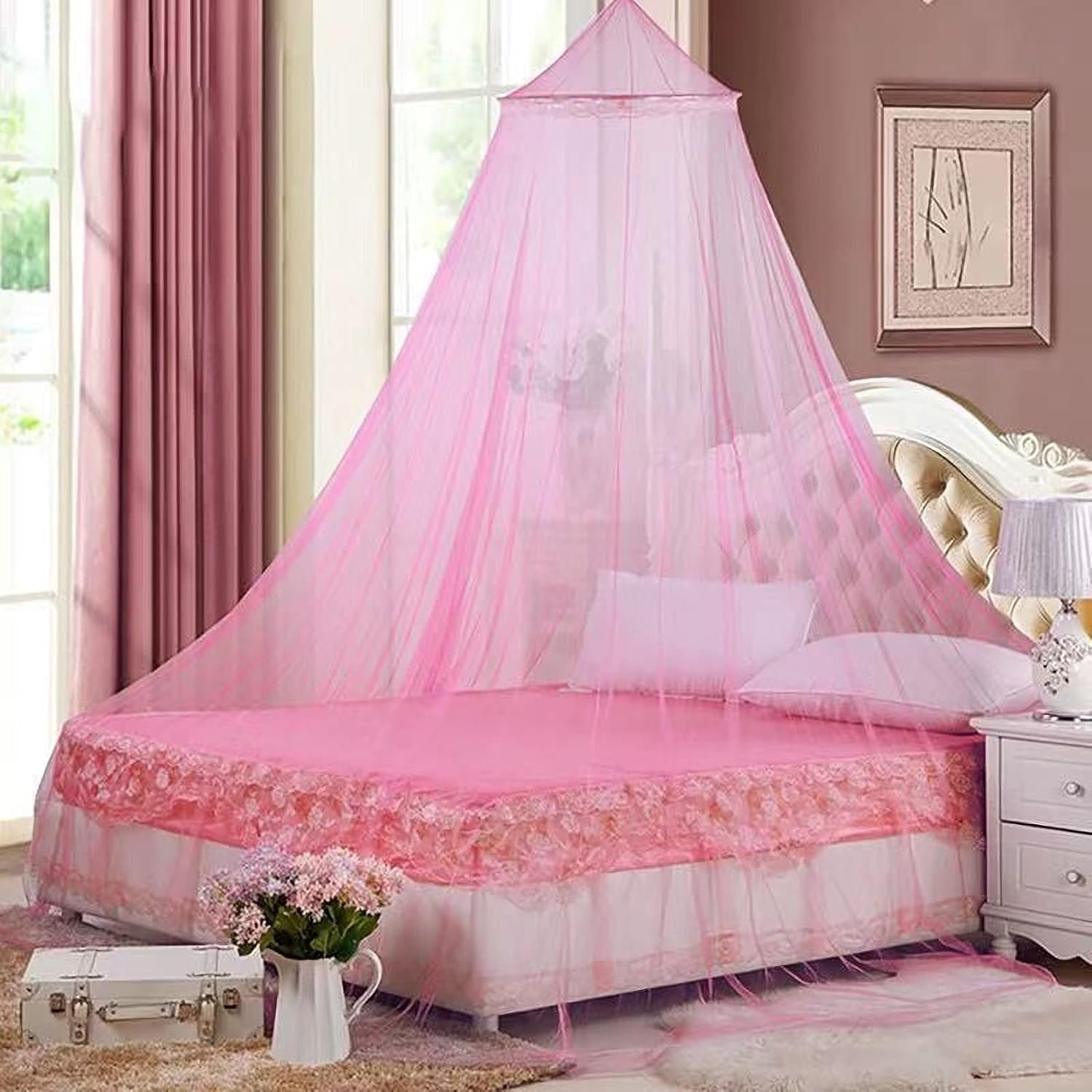 Bed Canopy Mosquito Net, Bed Canopy for Girls Room Decor – Insect Protection Hanging Canopy for Adults, Babies, Outdoor Camping, Pink/No Opening