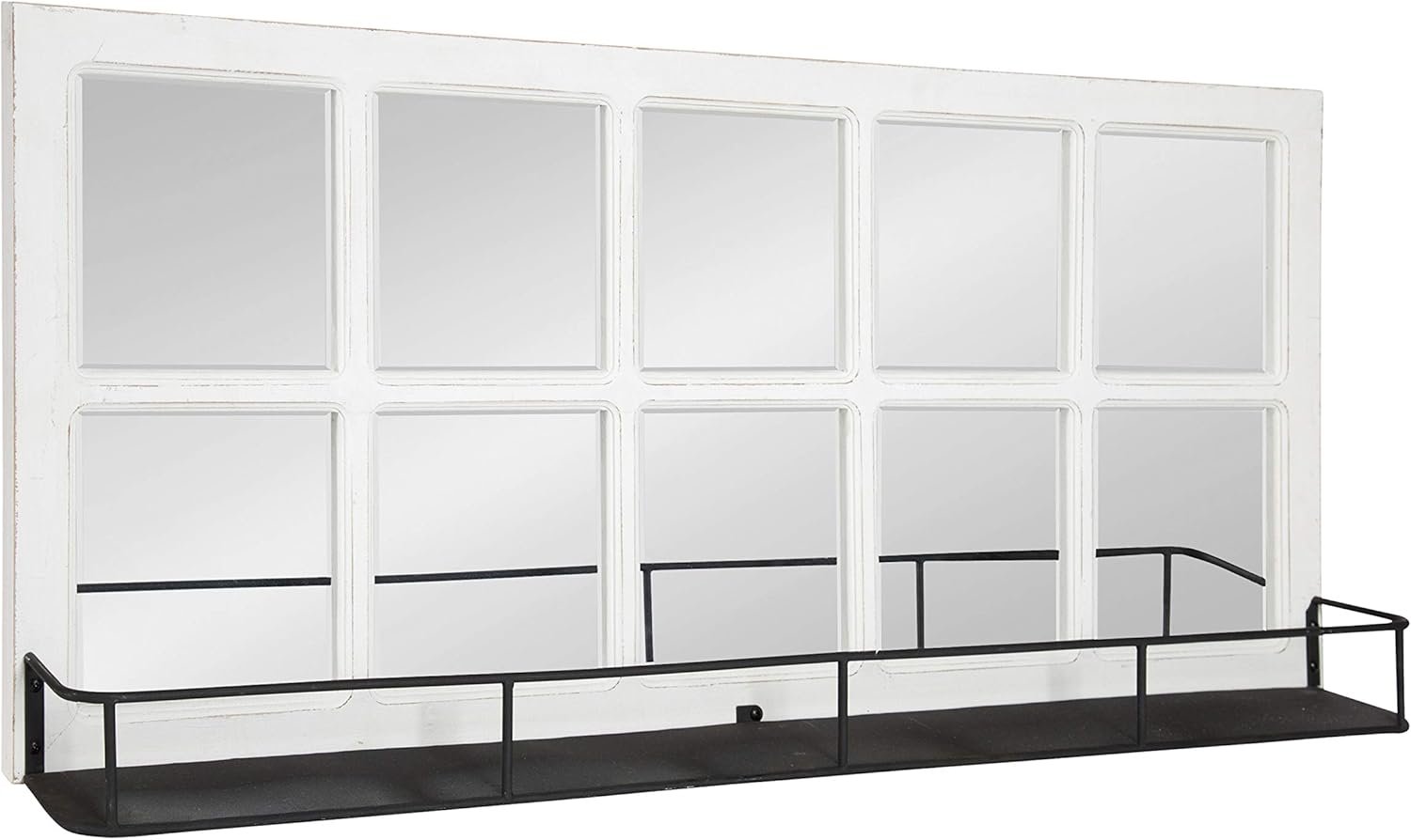 Kate and Laurel Jackson Casual Farmhouse Solid Wood 10 Windowpane Mirror with Distressed Black Metal Shelf, 40×18, Coastal White