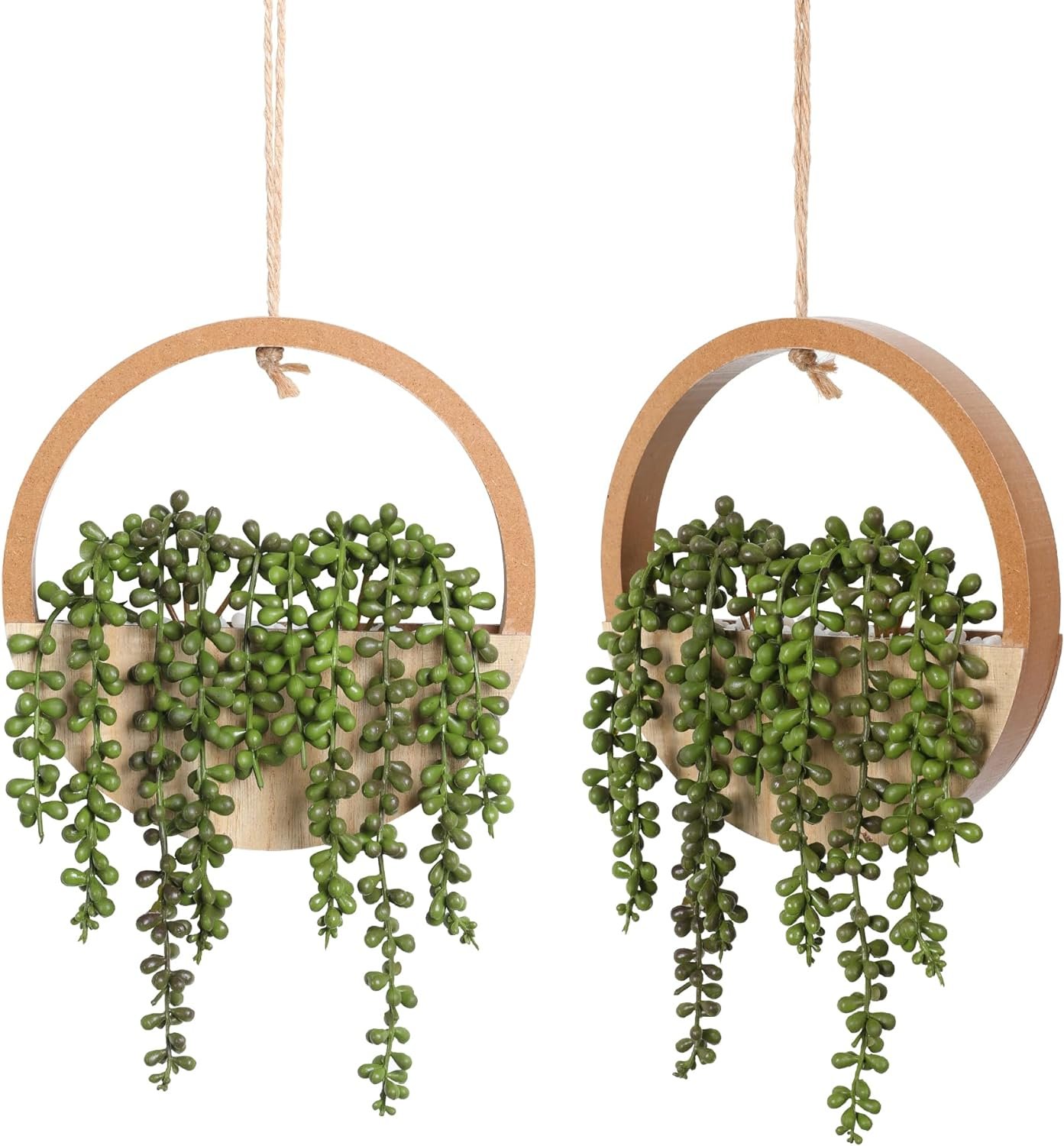Floweroyal 2pcs Artificial Succulents Hanging Plants 12.2” Fake String of Pearls in Pot with 8.3” Lanyard for Indoor Outdoor Wall Decor（Wood Color）.
