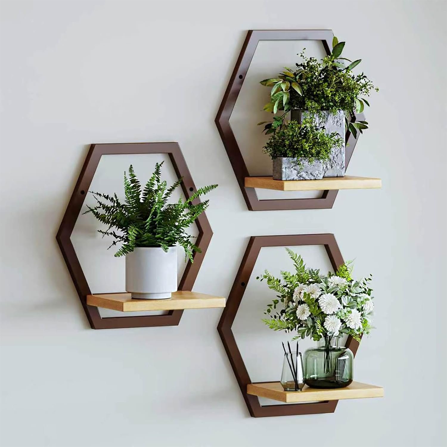3 Pack Solid Wood & Metal Framework Wall Plant Stands,9 inch Natural Wood Shelf of Indoor,Mid Century Modern Hanging Planter for Outdoor Entryway 25 LB Load for Plants Coffee