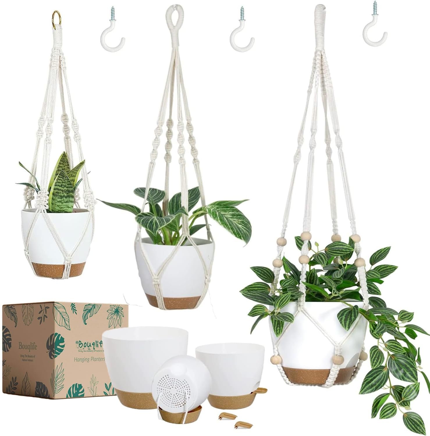 Bouqlife Hanging Planters with Macrame Plant Hangers for Indoor Outdoor Plants 3 Set Self Watering Pots Hanging Baskets Flower Pot Holders 3 Different Size
