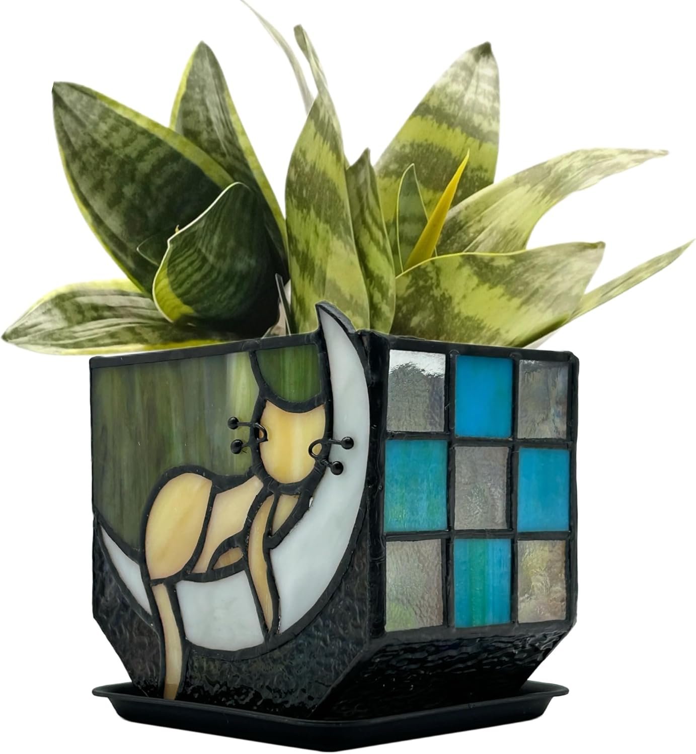 Tiffany Stained Glass Fun Moon Sleeping Cat Planter，Cactus Planter，Cute Planters for Indoor Plants,Decorative Flower Pots As Gifts for Cat Lovers，4.6x3x5.15 in