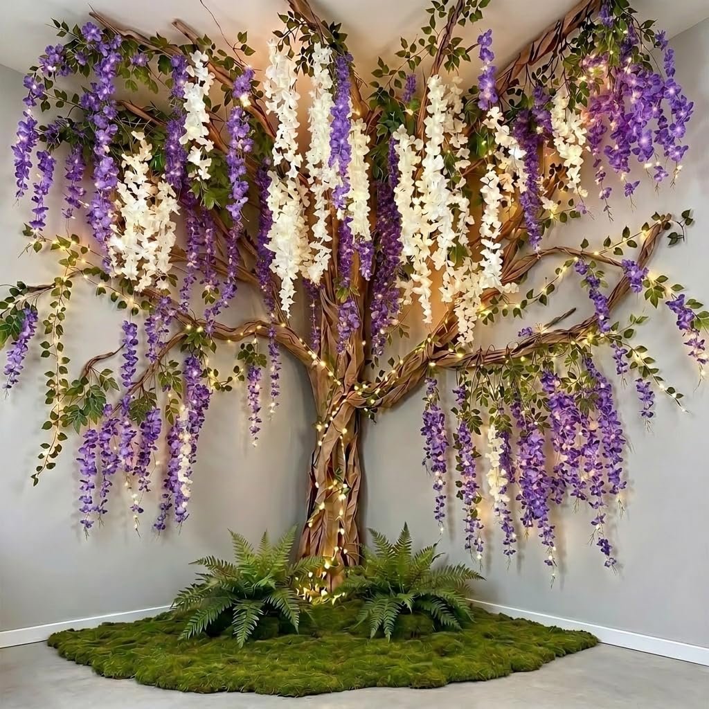 3D Wisteria Tree Ceiling Decor with Light, Back to School Classroom Bulletin Board Decor, 24 PCS Kraft Paper Fake Vine for Hanging Bedroom Indoor Aesthetic Decoration (White, Purple)