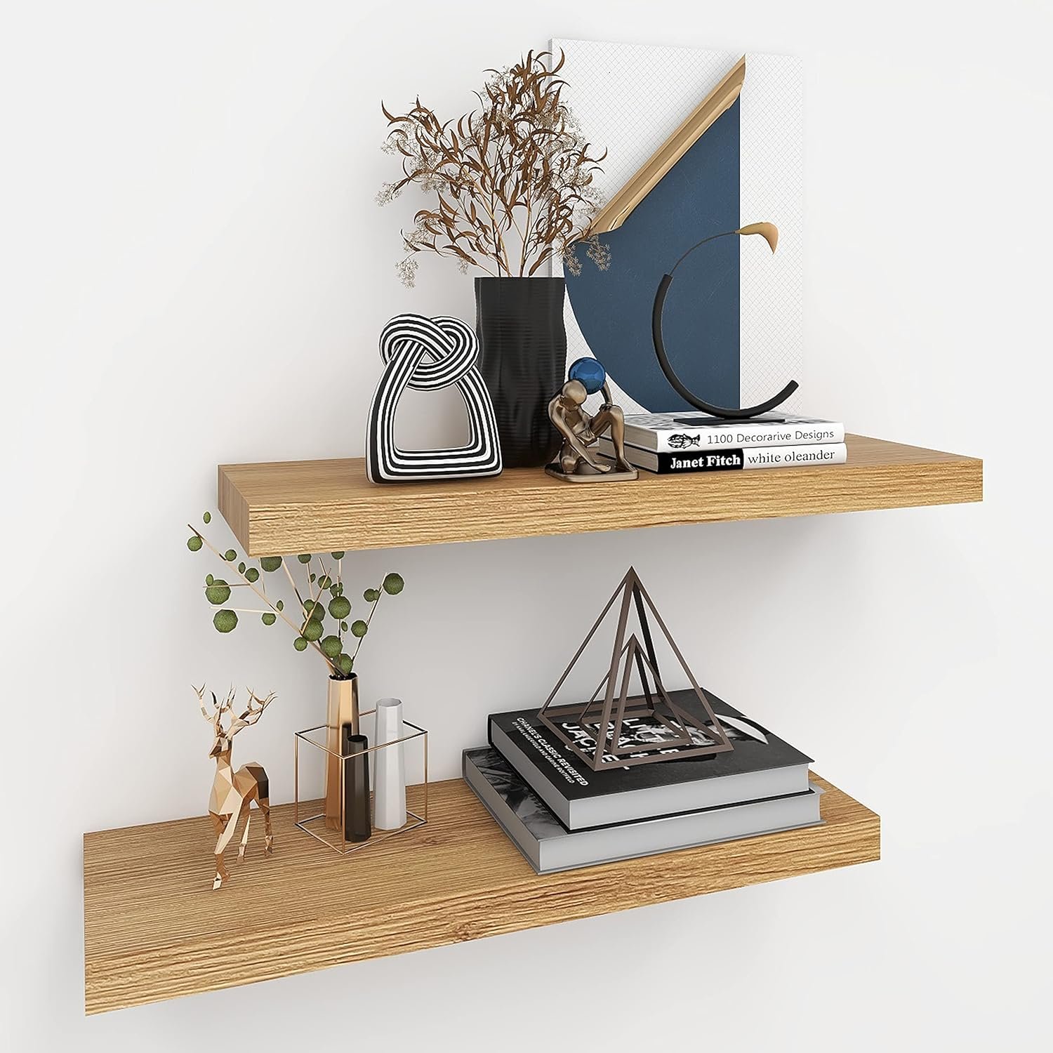 Oak Floating Shelves for Wall，24in Wall Mounted Display Ledge Shelves Perfect for Bedroom, Bathroom, Living Room and Kitchen Decoration Storage (Oak, Set of 2)