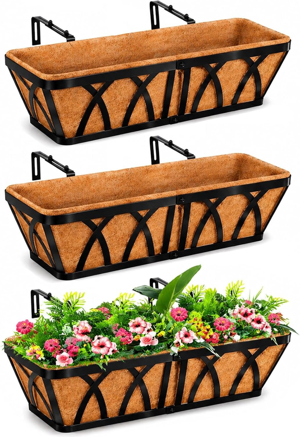 LCHUANG Deck Railing Planter Window Box – 3 Pack 24 Inch Deck Balcony Rail Planter with Coconut Coir Liner, Fence Metal Hanging Flower Planter Basket Deck Railing Planter Boxes for Outdoor Lawn