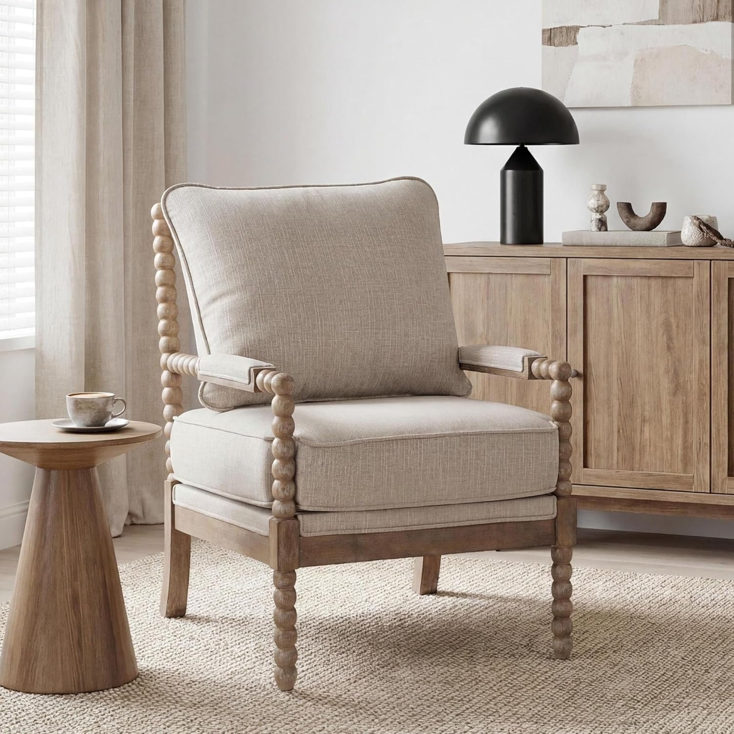 DUHOME Linen Fabric Spindle Accent Chair with Wood Frame,Modern Accent Chairs with Padded Spring Seat and Brushed White Base for Living Room Bedroom Farmhouse Home Office Belcony