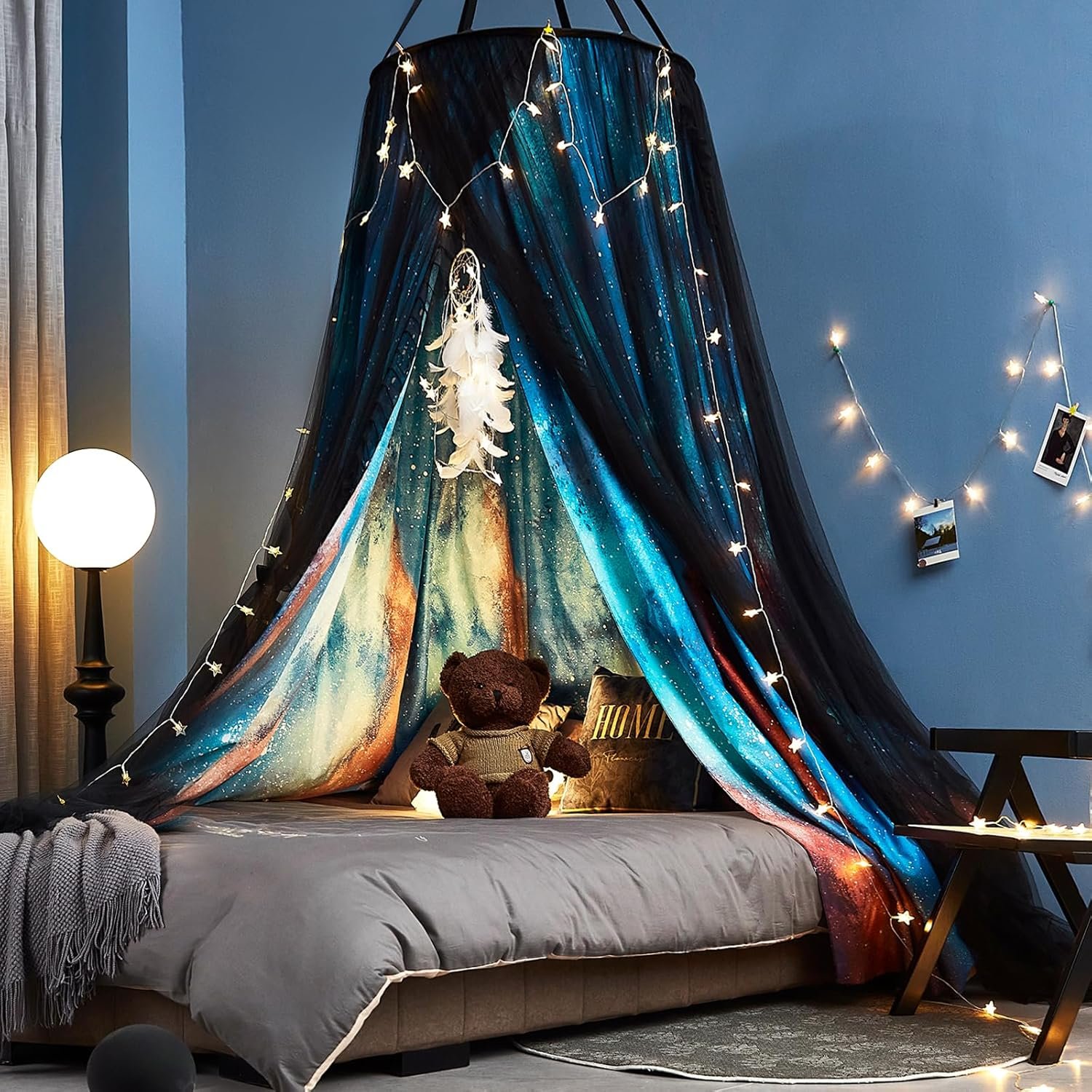 Kertnic Gorgeous Aurora Printed Bed Canopy for Girls & Adults, Room Decorative Cozy Bed Curtain Canopy Drapes, Round Dome Luxurious Lace Princess Canopies Mosquito Netting (Aurora)