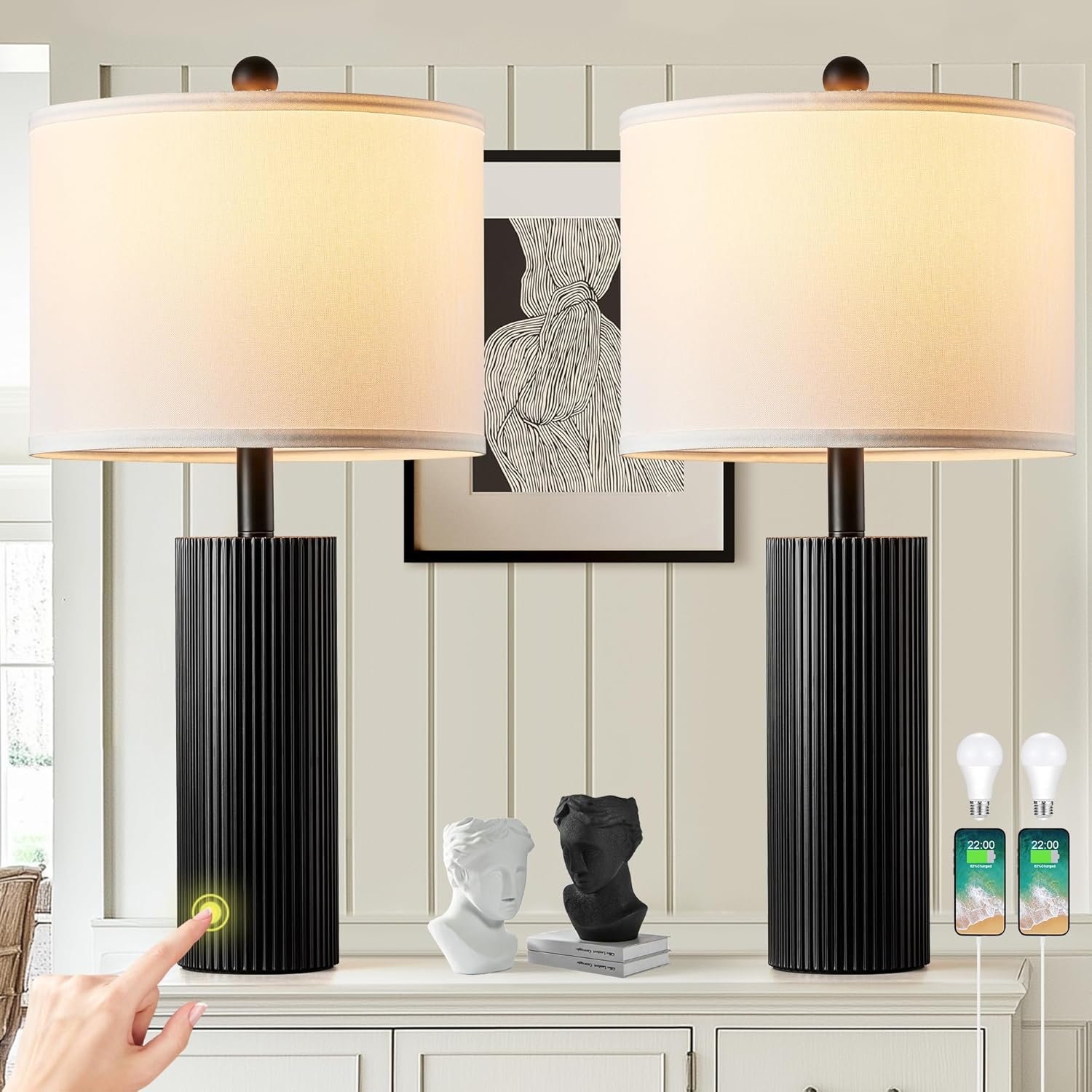 24.5″ Black Lamps Set of 2, Modern Table Lamps for Living Room with USB C+A Ports, Creative Stripe Touch Lamps for Nightstand, 2 Bulbs Included