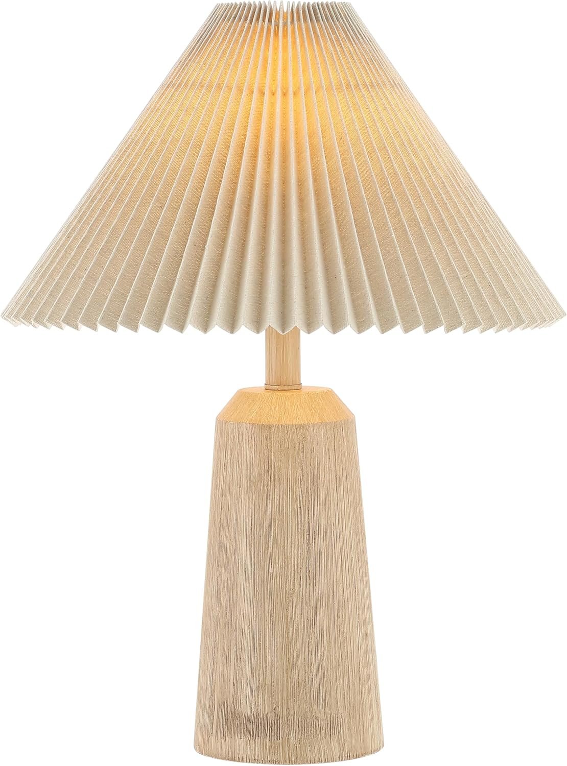 JONATHAN Y 20.5″ Beige Wood Finish Resin Cylinder Table Lamp Modern Rustic Scandinavian Bedside Lamp for Living Room Bedroom with Black Pleated Empire Shade LED Bulb Included JYL1146A