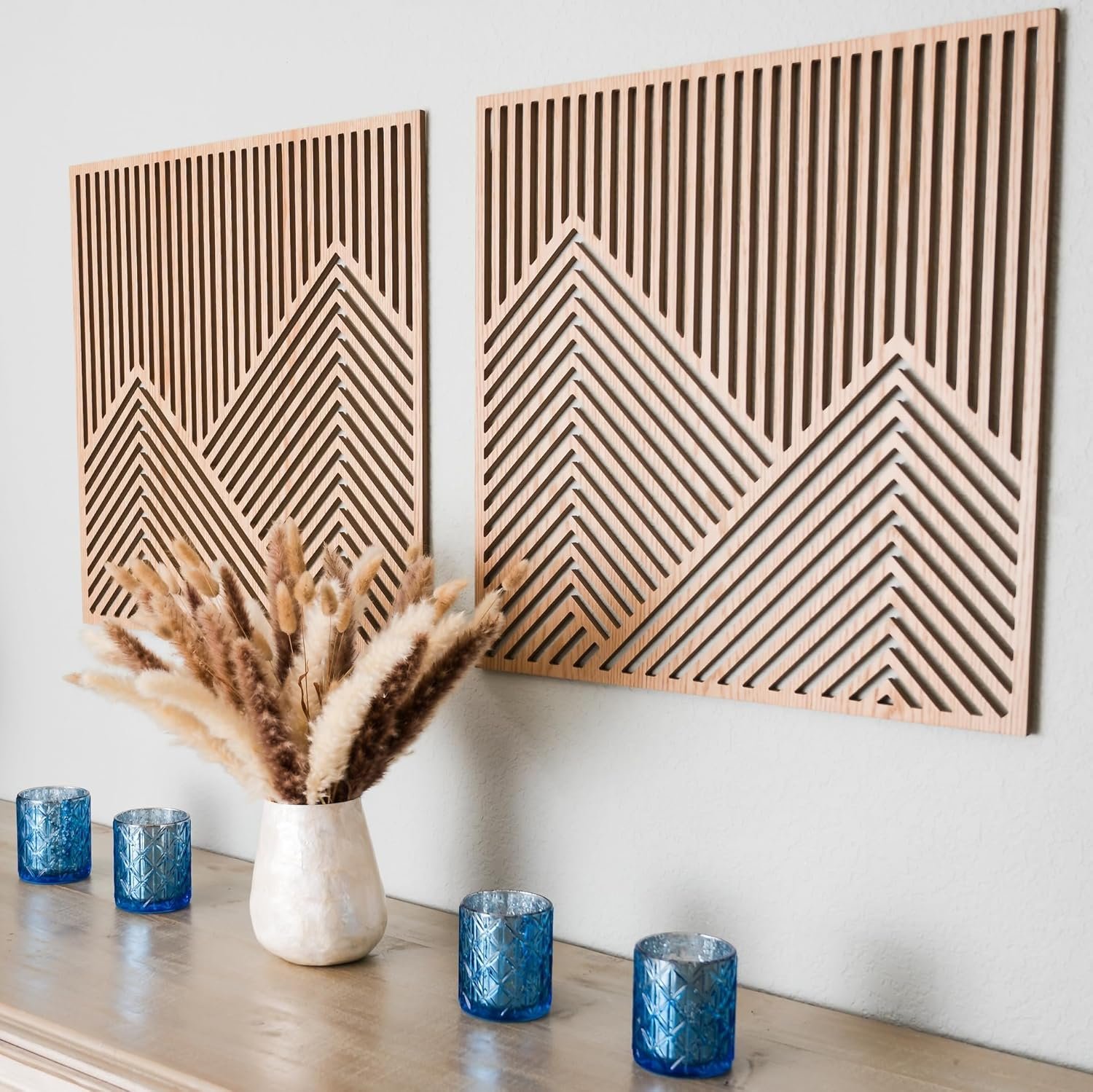 SnugLife 2 Pcs Wood Mountain Wall Art – Modern Wooden Panel Mountain Wall Decor, Decorative Forest Nature Abstract Line Minimalist Wall Art for Living Room Bedroom Farmhouse – Large 23.5”x23.5”
