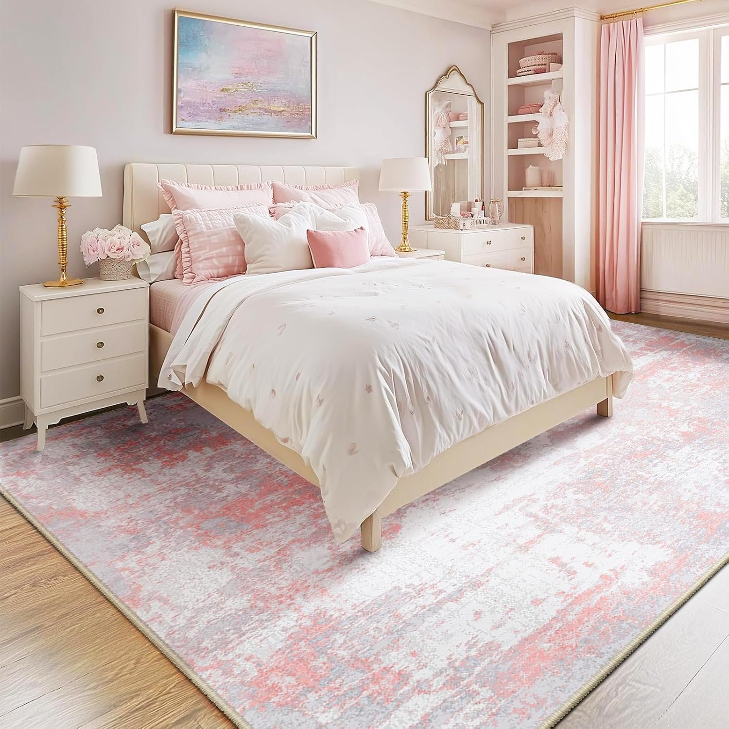 RELEANY Washable Area Rugs 5’x7′ Non-Slip Modern Abstract Soft for Living Room Entryway Bedroom Nursery, Print Pattern, Grey Pink