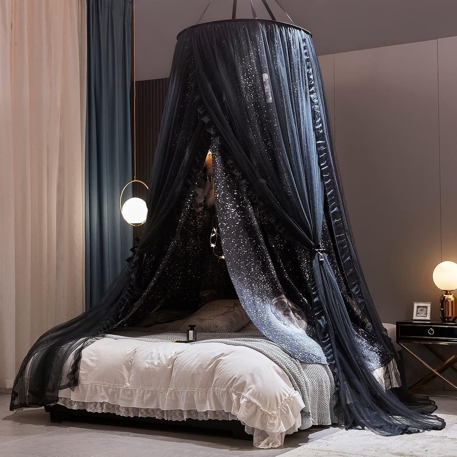 Kertnic Gorgeous Moon Printed Bed Canopy for Girls & Adults, Room Decorative Cozy Bed Curtain Canopy Drapes, Round Dome Luxurious Lace Princess Canopies Mosquito Netting (Print Moon)