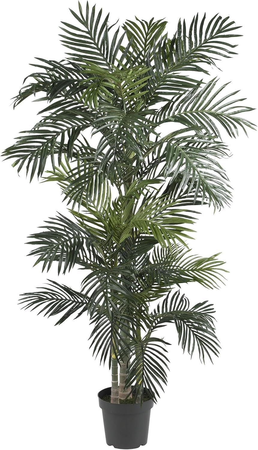 Nearly Natural 6.5ft Artificial Golden Cane Palm Tree, Lifelike Silk Indoor Palm With Three Textured Trunks Flexible Fronds Nursery Planter, Low Maintenance